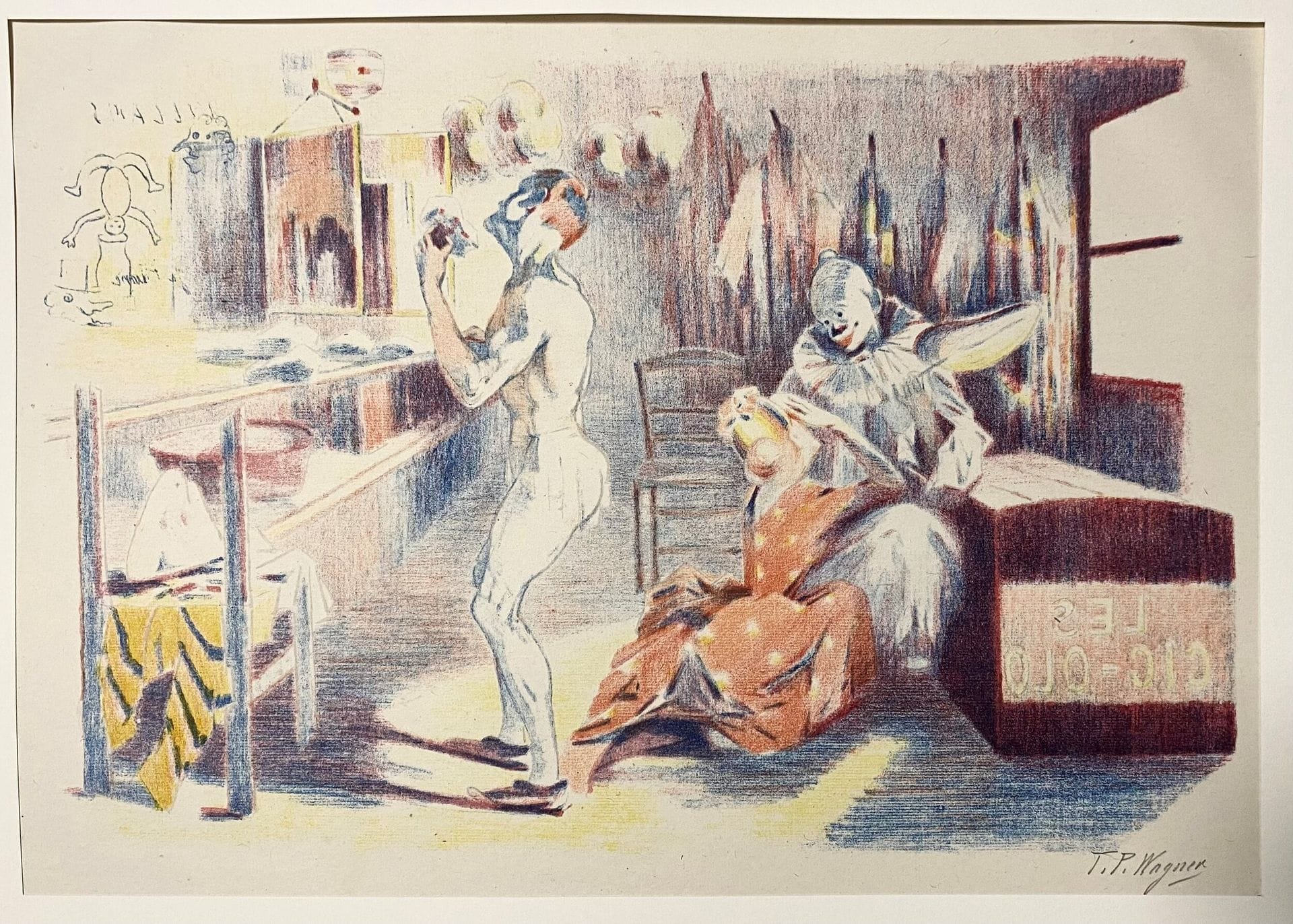 Theo P. Wagner (active c. 1890-1900) 
The Clown Lodge. 1897. Lithograph. 95x330 mm. Johnson 158. Color print. Very fine and fresh proof on chine volant, signed in pencil. Full margins. Edition of 100 proofs for the Galerie Vollard album of original prints. Ex-coll. H. M. Petiet (Lugt 5031). 

Théo P. Wagner was a mysterious artist who worked at the Molier circus, where he performed a trapeze act with the Duc de la Rochefoucauld. He attracted the attention of Huysmans, who devoted several lines to him in Certains (1889). The author had noticed a watercolor by the artist at the Salon des Indépendants in 1884. It depicted clowns at the Cirque Molier. Wagner, whose biography is unknown, also exhibited at the Salon de la Rose-Croix (1892). He produced a small number of lithographs. "Signac tells us more about the character. He tells us he was a 'muscular athlete, trapeze partner to the Duc de la Rochefoucauld. Together they did a number at the rue de Lyon concert, where this Wagner broke his leg. [a] Both now work at Molier. [a] Théo Wagner was a student at the École des Beaux-Arts, as was the acrobat Duke. Seurat knew them there. Théo, not very wealthy, would pose the superb nude u one week, and the next week, in the same studio, would conscientiously paint the model who had replaced him. In the meantime, he sold cufflinks under doors and, in the company of Sali and others, took nude walks in the forest of Fontainebleau. A regular at the first "Chat Noir". The studio where he did the watercolor Le Cirque Molier was located at 13 rue Ravignana', in other words, on the site of the Bateau-Lavoir, before it bore this illustrious name." (J. Bailly-Herzberg, Dictionnaire de l'Estampe en France 1830-1950, Paris, Flammarion, 1985, p. 341).