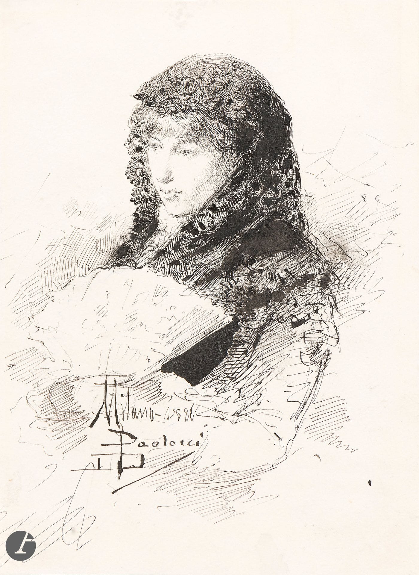Dante PAOLOCCI (Civitavecchia 1849 - Roma 1926)
Femme à l’éventail, 1886
Encre noire.
Signée, datée et située «Milano» en pied vers la gauche. 
19,8 x 14,4 cm

Provenance : 
Giovanni Piancastelli (1845-1926), peintre, collectionneur et Directeur de la Galleria Borghese, Rome.