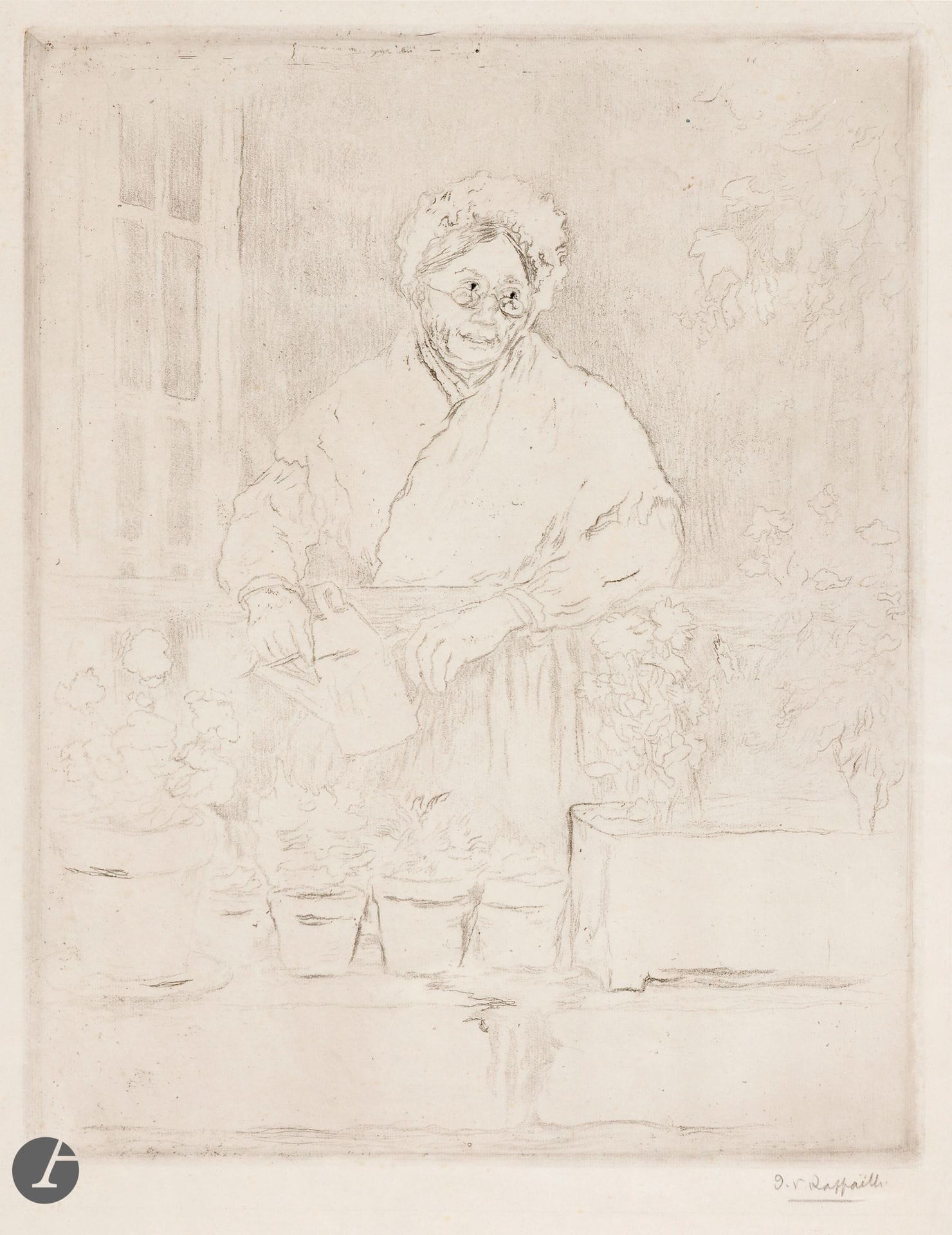 Jean-François Raffaëlli (1850-1924)
Le Jardin de la vieille fille. 1894. Vernis mou. 230 x 315. Delteil 18. Très belle épreuve sur vélin blanc mince, du 2e état (sur 3), avant les travaux à la pointe sèche, signée au crayon. Petites ondulations normales aux bords du feuillet. Toutes marges. Très rare. Provenance : Michel Romand (1929-2013), arrière-petit-fils d’Edmond Sagot (1857-1917).