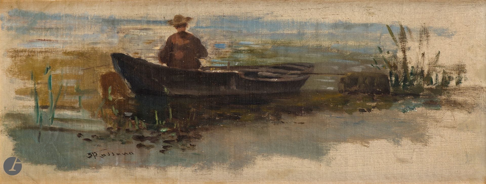 Federico ROSSANO (1835-1912)
Pêcheur à sa barque
Huile sur toile contrecollée sur carton.
Signée en bas à gauche. 
14 x 34,5 cm