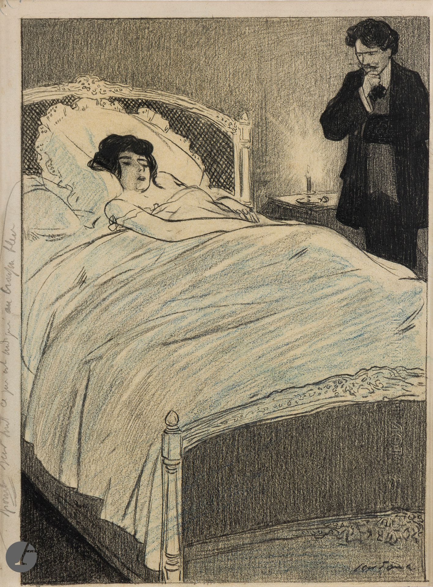 Joan CARDONA LLADOS (1877-1958)
La Veillée, vers 1900
Crayons noir et bleu et estompe.
Annoté le long du bord gauche et signé en bas à droite.
(Trous d’épingle le long du bord gauche).
30,5 x 22,5 cm 

Il s’agit d’une illustration réalisée pour le roman «Ceinture dorée» de Victorien du Saussay, publié en 1907.