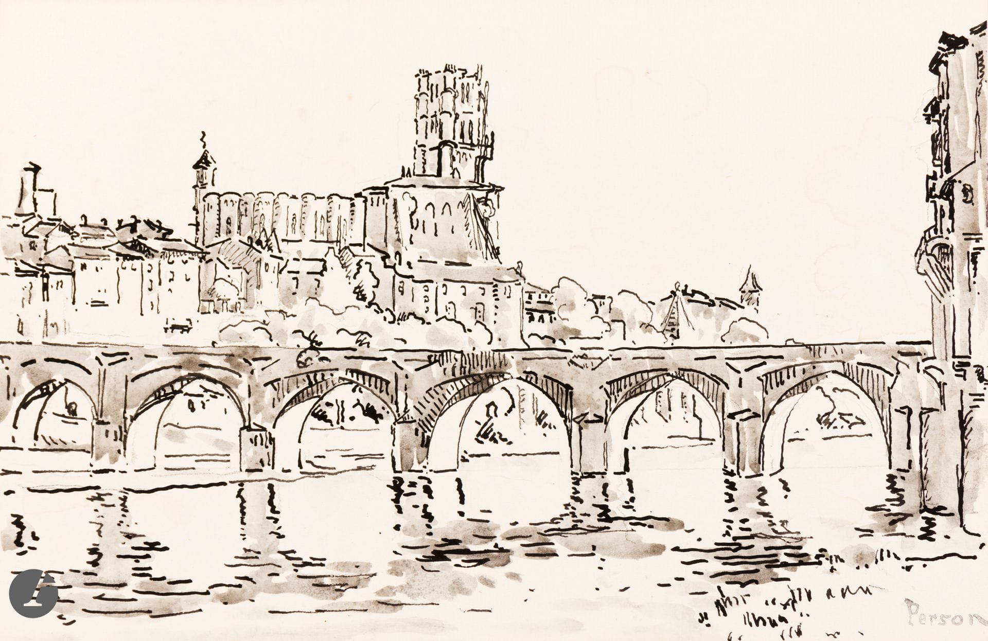 Henri PERSON (Amiens 1876 - Paris 1926)
Pont à Albi
Feutre noir et lavis d’encre sur traits de crayon noir.
Cachet d’atelier en bas à droite.
(Taches).
25 x 37,8 cm

Provenance :
Millon, Collection Weil Thenon - Tableaux modernes Partie I, 16 septembre 2020, n°341.