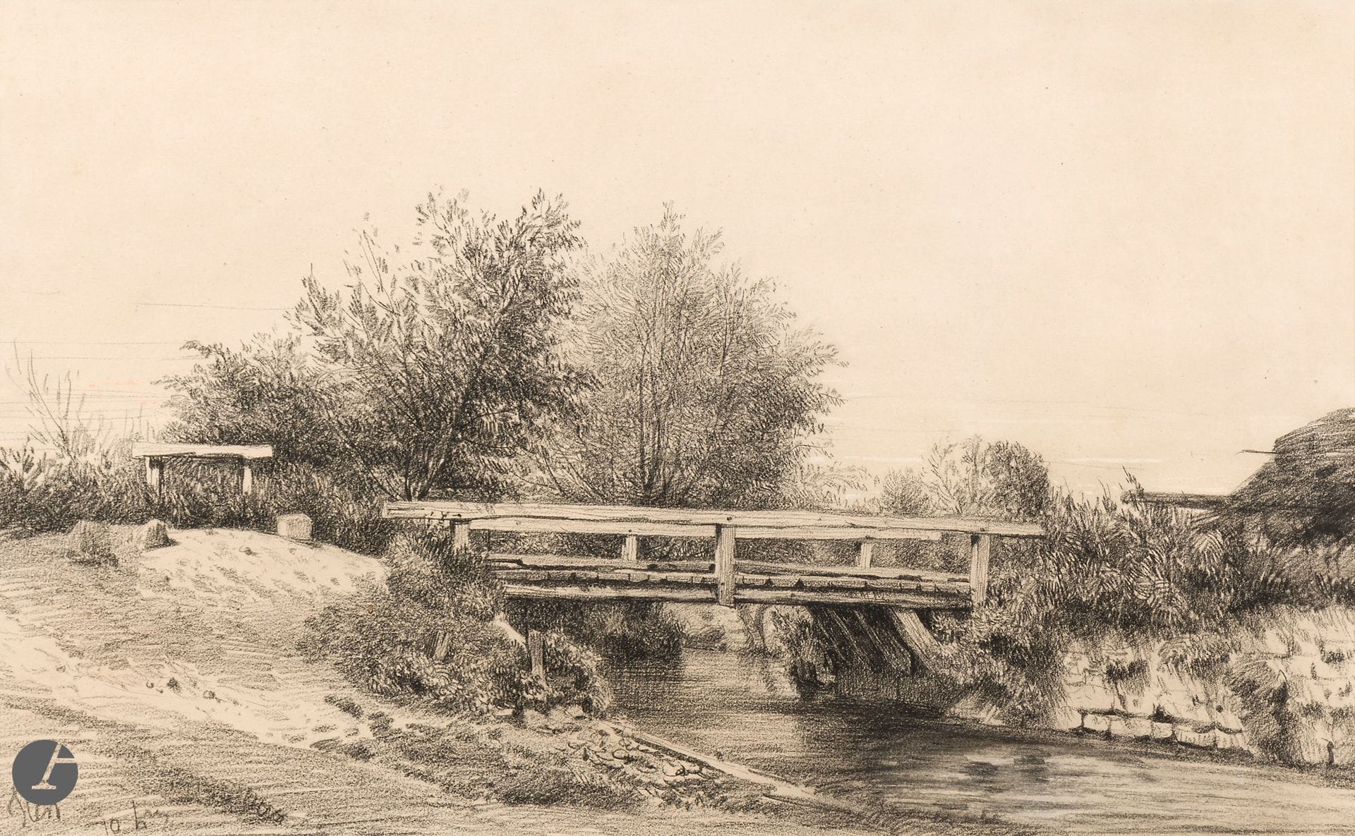 Camille FLERS (Paris 1802 - Annet-sur-Marne 1868) 
La Passerelle
Fusain, estompe et rehauts de gouache blanche.
Signé et annoté «10h» en bas à gauche. 
28,8 x 46,2 cm

Provenance :
- Collection Barrie-Chevalier, le cachet de la vente de sa collection au verso. 
- Vente Mes Mirabaud Mercier, Collection Barrie-Chevalier 2e partie, Paris, 2 avril 2021, n°4. 

Expositions : 
- L’École de la nature inspirée par Barbizon, Galerie du Fleuve, Paris, Novembre - Décembre 1979, décrit n°10. 
- Portrait d’une forêt par les peintres de Barbizon, Musée en herbe, Paris, 1988, n°76.
- Biennale des Arts Plastiques, Au bord de l’eau, Peintres français du XIXe siècle, du romantisme à l’impressionnisme, Bibliothèque municipale, Sisteron, 22 juillet - 28 août 1988, reproduit n°26 p.10 et décrit p.26. 
- Barbizon revisité, De Corot à Boudin, Galerie de l’Hôtel de Ville, Aulnay-Sous-Bois, novembre - décembre 1992, n°36. 
- Trésors des collections privées, Musée Louis Senlecq, L’Isle Adam, 21 mai - 17 décembre 1995, décrit n°82.