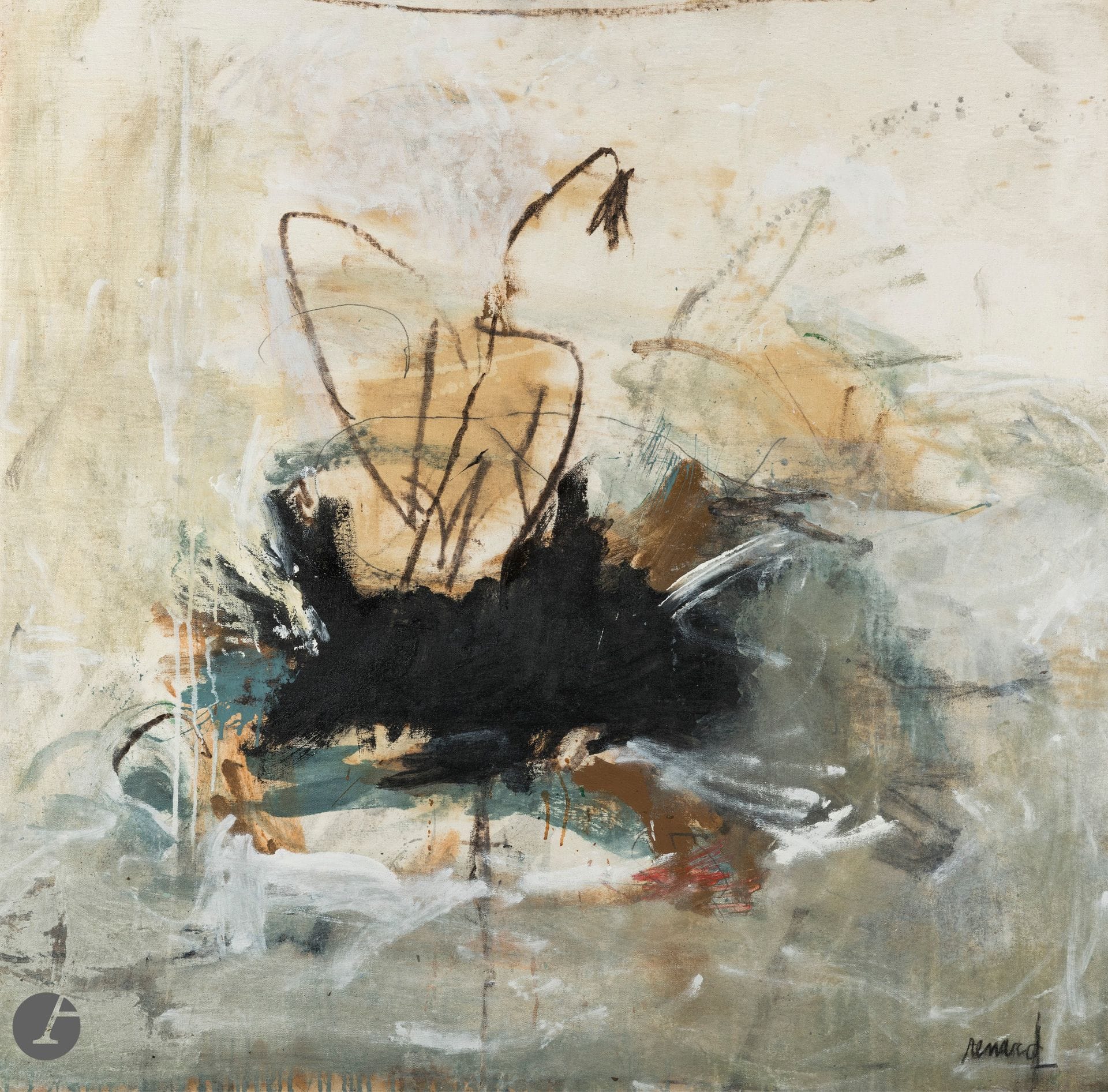 Paul RENARD (XX-XXIth centuries) 
Ephemera, winter 1988 
Oil on canvas. 
Signed lower right. 
Titled and dated on the back. 
120 x 120 cm