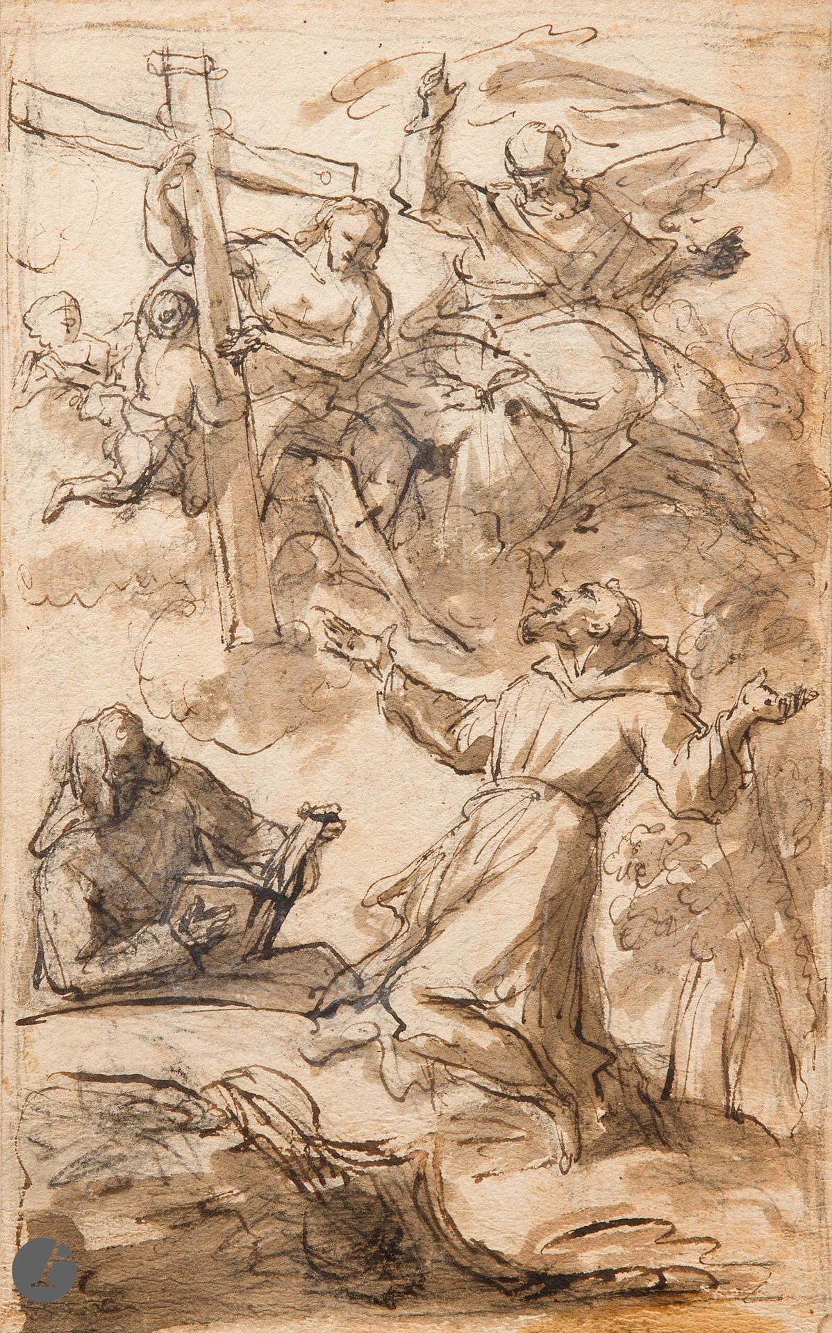 Domenico MONDO (Capodrise 1723 - Naples 1806)
Saint Francis receiving the stigmata 
Pen, brown ink and brown wash, over black pencil lines. 
Later drawing on verso of lining. 
26.6 x 16.6 cm