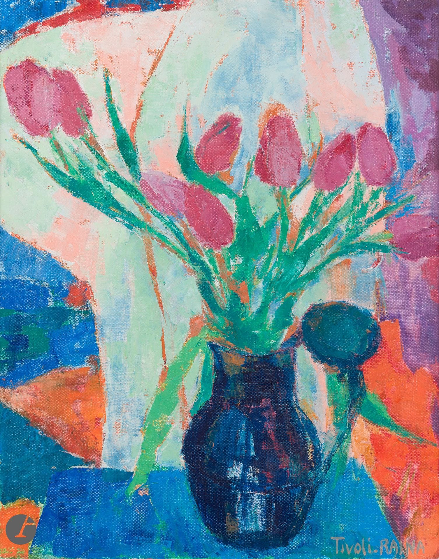 TIVOLI RAINA (XXème siècle) 
Bouquet de tulipes 
Huile sur toile. 
Signée en bas à droite. 
55 x 56 cm
