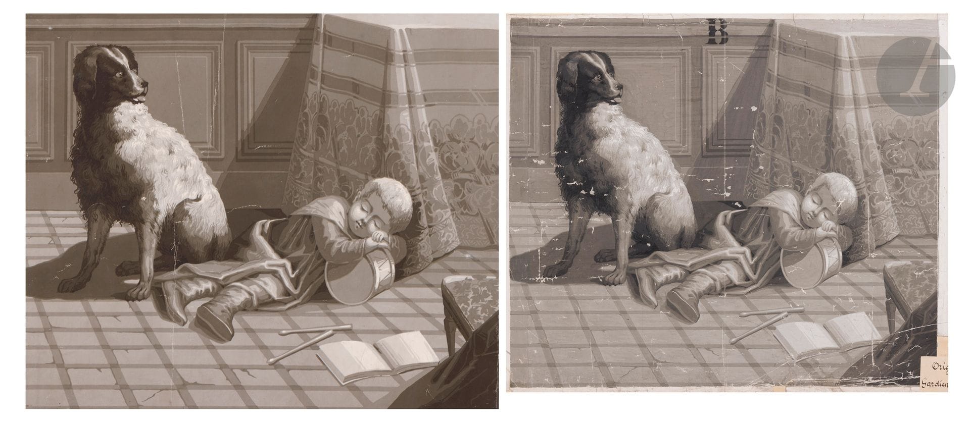 MANUFACTURE Jules DESFOSSÉ vers 1852-1853 
Gardien fidèle. Deux exemplaires, imprimés à la planche, dont : 
- Un avec marque de collection DK 50 et mention manuscrite 1852-1853 (probablement un tirage original en grisaille de Jules Desfossé). 
- Un second exemplaire plus tardif. 
Dimensions du sujet : 62 x 53 cm, du document : 84 x 65 cm.
Source : Notes de E.A. FAUCONNIER sur les Desfossé et anciens du papier peint DK 1935/1936 : "de Jules Desfossé, 1852/1853 : camée Gardien fidèle".