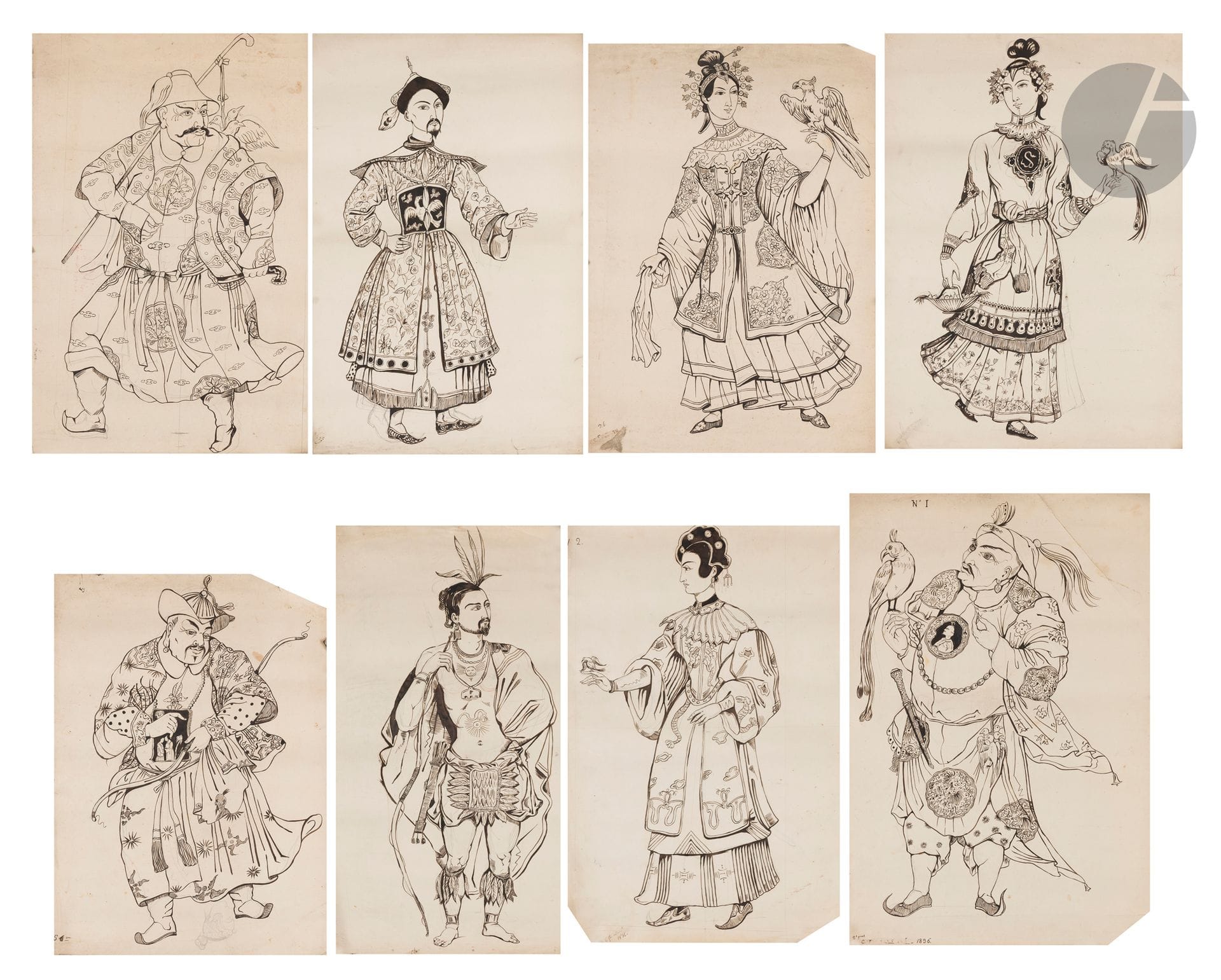 MANUFACTURE GILLOU circa 1836 
Characters in Chinese costume, and an Indian. 
Set of eight original drawings, brown ink on paper. 
Some bear a faded signature and the date 1836.  
Variable dimensions: approx. 74 x 54 cm, but cut edges. Tears and accidents. 
Note: The GILLOU factory, founded around 1814, expanded considerably during the 19th century before being bought by Isidore Leroy in 1907.