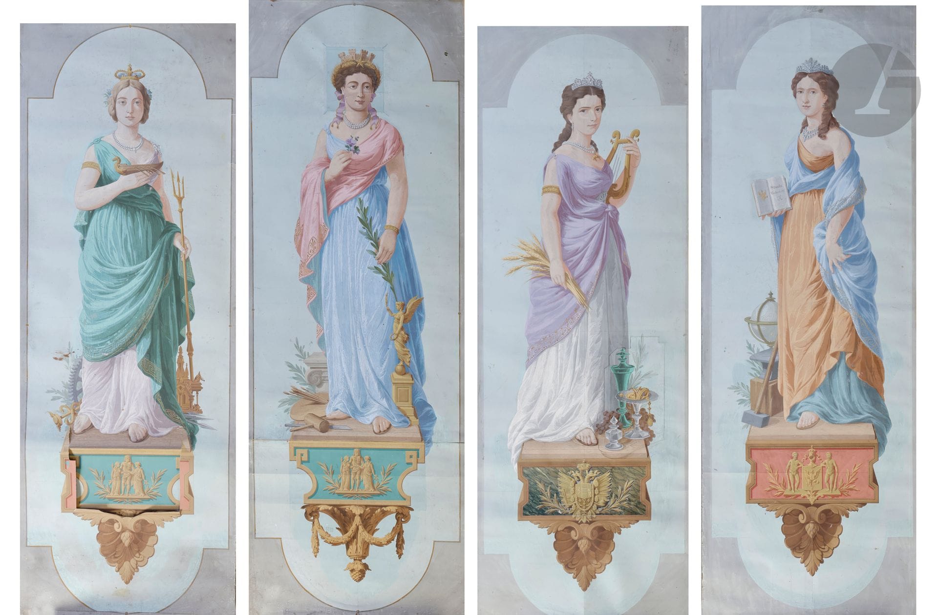 MANUFACTURE JULES DESFOSSE 
"Les Puissances de l'Europe" : France, Angleterre, Allemagne, Autriche. 
Dessinateur CRON, vers 1869 - 1877. 
Quatre maquettes originales, ou prototypes, gouache sur papier avec annotations manuscrites, collages, et parties découpées.  
Quelques taches éparses, usures, collages, manques (un manque important à une console) et déchirures. Différences aux entourages. 
157 x 54 cm. 
Source: Notes de E.A. FAUCONNIER sur les Desfossé et anciens du papier peint DK 1935/1936 : "1869/77 Les Puissances de l'Europe de Cron... N°6049 et 7100".