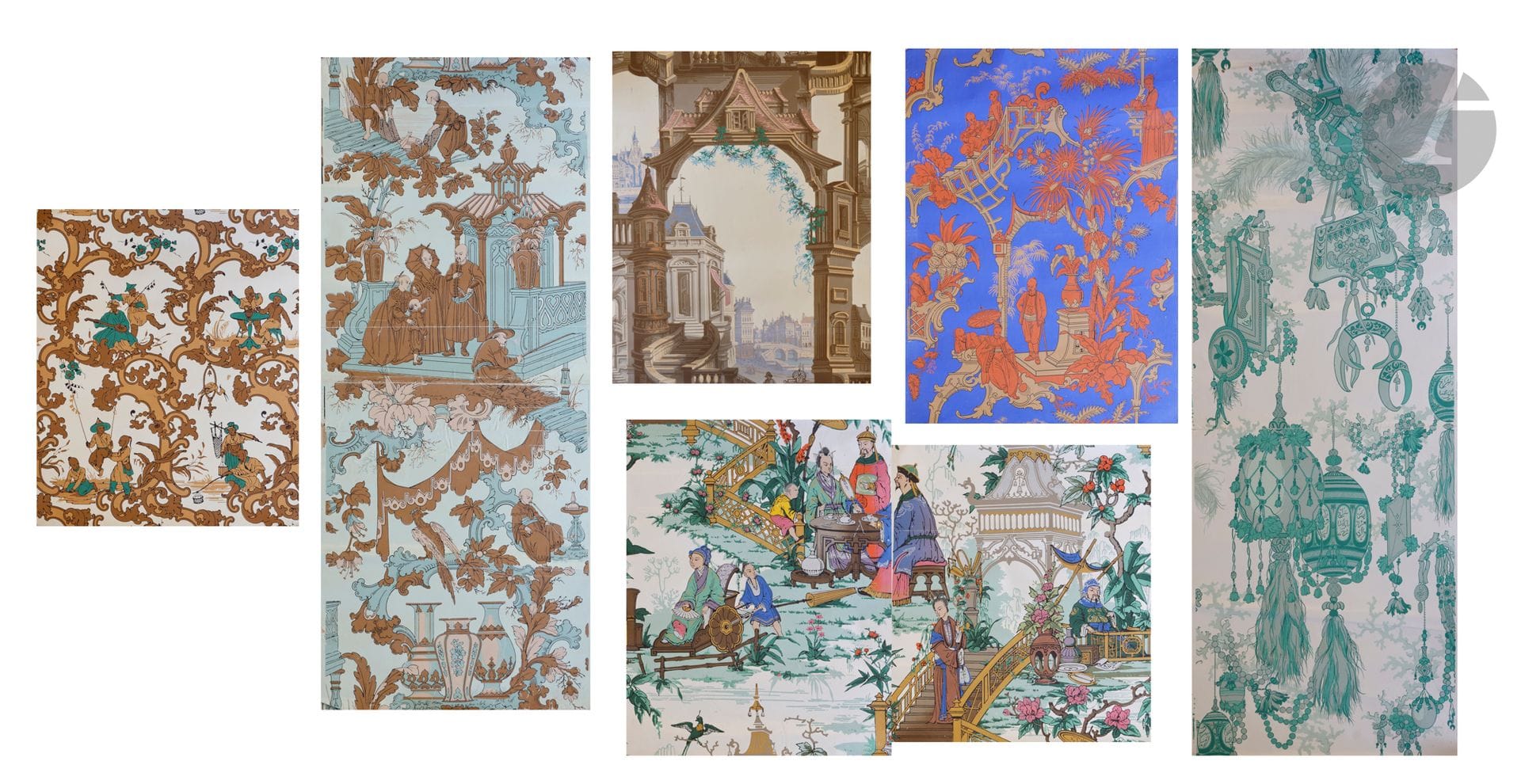 MANUFACTURE DESFOSSE & KARTH ou FRANCE XIXe siècle
Six documents, échantillons de papiers peints à décor polychrome "au chinois" sur fond coloré, différents modèles. 
Des usures, taches et petites déchirures. 
Deux plus grands : 129 x 51 cm et 118,5 x 49 cm. 
Pour quatre : 66 x 50 à 55 x 50 cm.
