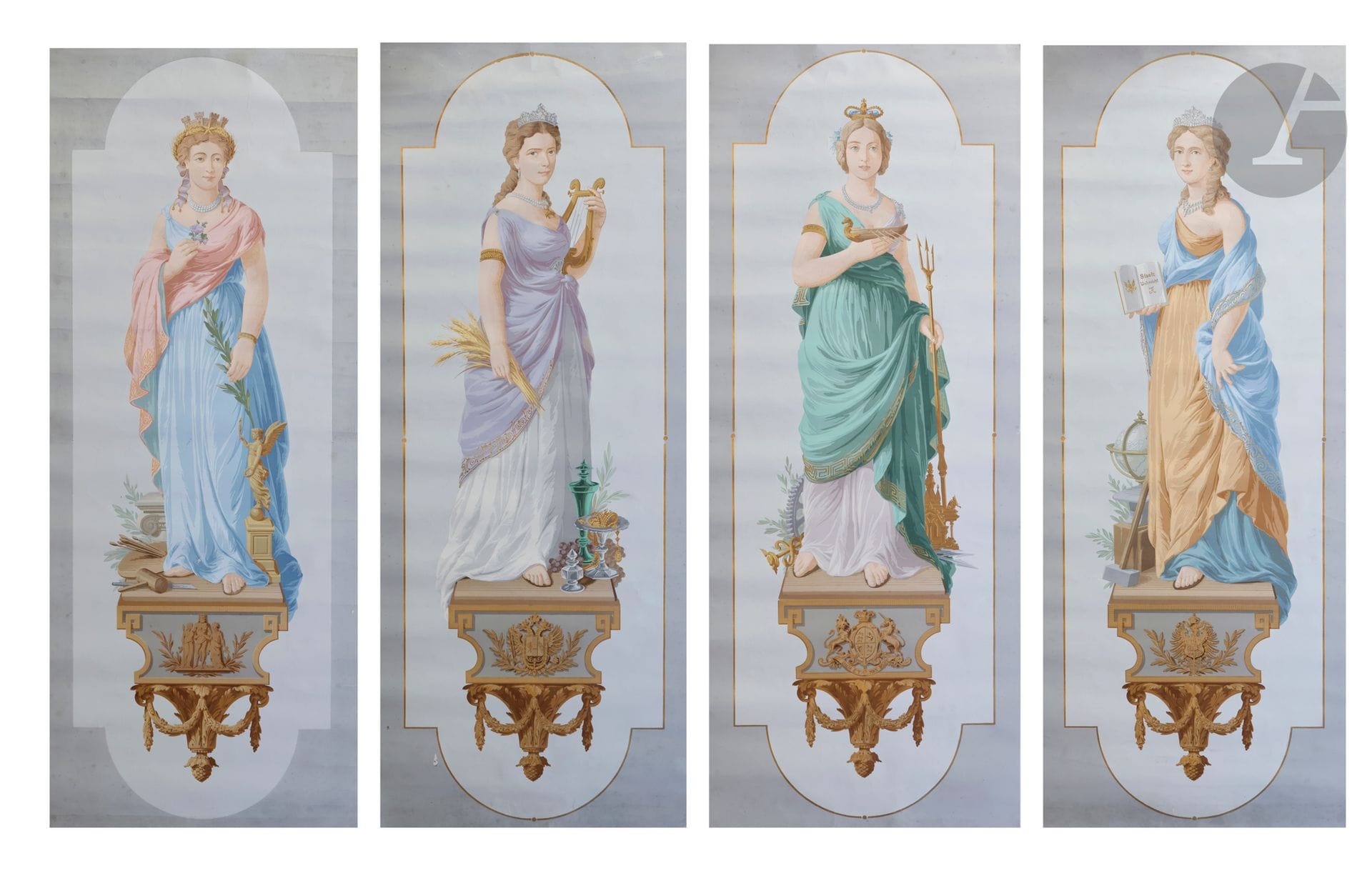 MANUFACTURE JULES DESFOSSE
"Les Puissances de l'Europe" : France, Angleterre, Allemagne, Autriche. 
Dessinateur CRON, vers 1869 - 1877. 
Quatre lés polychromes. Impression à la planche sur fond gris clair avec consoles différentes. 
Bon état général mais petits trous, taches éparses et déchirures. Les marges très accidentées sont à recouper. 
Dimensions d'un lé : 170 x 70 cm. 
Source : Notes de E.A. FAUCONNIER sur les Desfossé et anciens du papier peint DK 1935/1936 : "1869/77 Les Puissances de l'Europe de Cron... N°6049 et 7100".