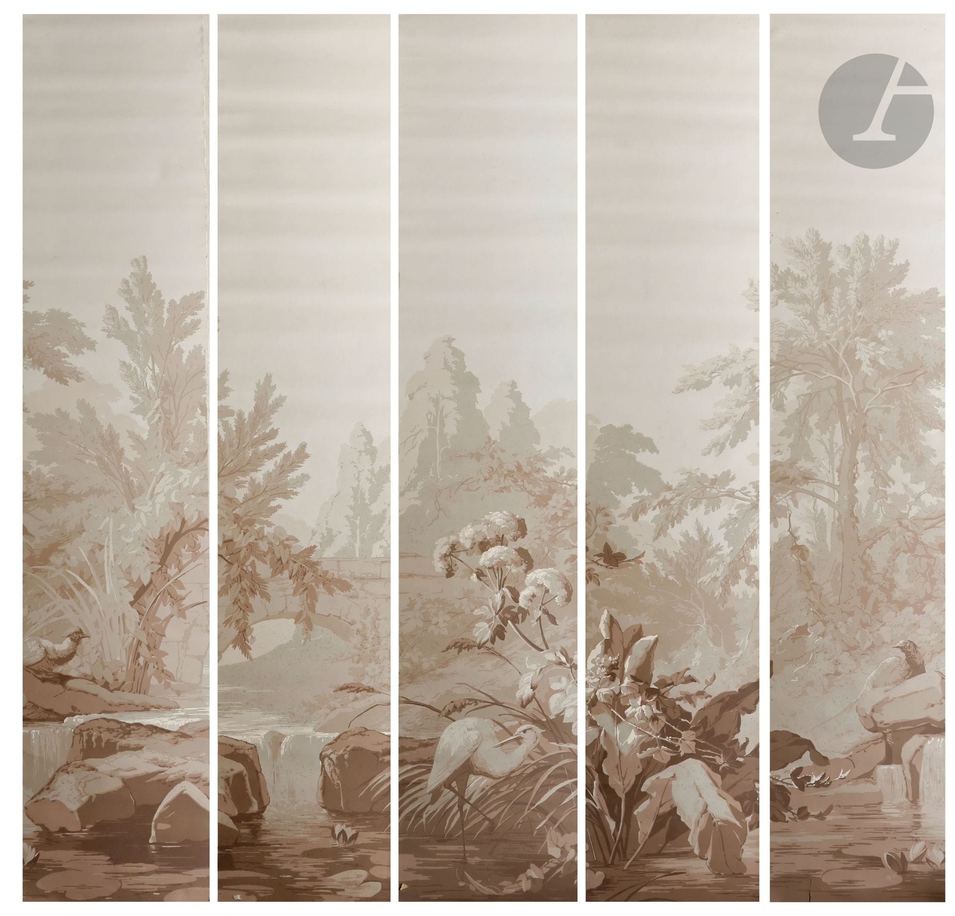 MANUFACTURE Jules DESFOSSE 
"Le Vieux Pont" created in 1862. 
Suite of five strips, block printed in sepia, late 19th or early 20th century.
Dimensions of one strip: 260 x 47.5 cm (height can be cut to approx. 200 cm). Panel width: 237.5 cm. 
Good overall condition, despite small scattered stains and a few tears. 
SOURCE: Notes by E.A. FAUCONNIER on Desfossé and old DK wallpaper 1935/1936 "this grisaille décor was to consist of twenty-four strips, but only five were engraved; they were found in a cellar in 1894. (...) It sold very well in England and the United States, N°3816".
