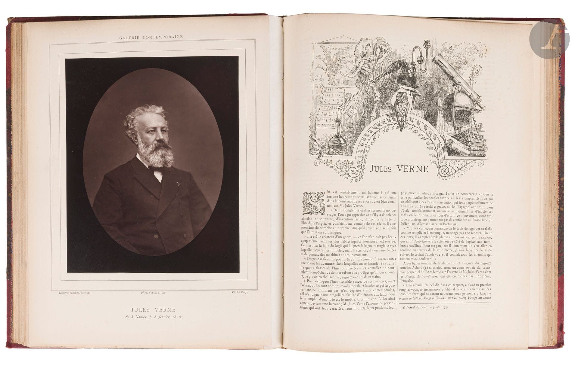 BASCHET (Ludovic).
Galerie contemporaine littéraire, artistique.
Paris : Ludovic Baschet, 1876-1884. — 13 volumes in-folio, 344 x 275. Demi-chagrin rouge à coins, filets dorés, dos à nerfs orné, tête dorée (reliure de l’époque).

Édition originale de l’une des plus grandes publications illustrées par la photographie de la fin du XIXe siècle, publiée en livraisons de 1876 à 1884 sous l’impulsion de l’éditeur Ludovic Baschet. Qualifiée de « véritable encyclopédie de tous les grands Hommes qui, à un titre quelconque, ont illustré la France » (Paul Lacroix, Revue illustrée, mars 1904), cette œuvre monumentale se présente comme un panthéon visuel et biographique de l’époque.

Jusqu’au tome 9, chaque année est divisée en deux semestres, contenant chacun deux séries :
Première série : Consacrée aux littérateurs, musiciens, hommes politiques, artistes, etc., illustrée de portraits photographiques hors texte.
Deuxième série : Centrée sur les peintres et sculpteurs, avec des portraits photographiques dans le texte et des reproductions d’œuvres d’art hors texte.

À partir du tome 10 (1881), la publication prend le titre Galerie contemporaine artistique : Peintres & sculpteurs : Nouvelle série.

L’ensemble réunit les biographies de 242 personnalités marquantes des mondes politique, artistique et littéraire, parmi lesquelles figurent Victor Hugo, Jules Claretie, François Coppée, Sarah Bernhardt, Gounod, Charles Baudelaire, George Sand, Victorien Sardou, Adolphe Thiers, Clémenceau, Gustave Eiffel, Gustave Doré, et bien d’autres.
Ces biographies sont ici accompagnées de 451 photographies (sur 464), dont 241 portraits et 210 reproductions d’œuvres (sur 223).
La plupart de ces images sont collées sur papier cartonné et montées sur onglet. Elles ont été reproduites par photoglyptie d’après les clichés des plus grands photographes de l’époque, tels que Nadar, Carjat, Goupil, Mulnier, etc. Seule Élie Delaunay n’a pas de portrait. On y trouve également des fac-similés d’écriture et des reproductions d’œuvres dans le texte ou à pleine page.

L’exemplaire présenté ici comprend tous les portraits photographiques, mais il manque 13 photographies d’œuvres : Sylvestre et Delacroix (tome 2), Carpeaux et Detaille (tome 3), Ingres (tome 6), Lefebvre (tome 8), Ranvier et deux de Diogène Maillart (tome 10), ainsi que deux de Barrias et deux d’Alfred Lanson (tome 13). Il manque également la seconde livraison sur Ingres (tome 6), le feuillet de la première livraison consacrée à Diogène Maillart (tome 10), et la deuxième livraison sur Bellel (tome 12).

Frottements et épidermures aux reliures, un coin cassé (tome 11). Quelques rousseurs éparses. Deux premières gardes du 9e volume (cinquième année) déreliées, ainsi qu’un feuillet et deux planches dans le tome 12 et deux feuillets dans le tome 13.