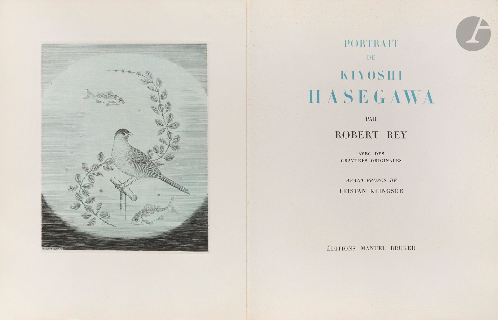 HASEGAWA (Kiyoshi) - REY (Robert).
Portrait de Kiyoshi Hasegawa par Robert Rey. Avant-propos de Tristan Klingsor.
S.l. : Manuel Bruker, [1963]. — In-4, 325 x 251 : (28 ff. 3 premiers et dernier blancs), couverture illustrée. En feuilles, couverture rempliée, rhodoïd.

Édition tirée à 200 exemplaires sur papier B.F.K. de Rives sur les presses de Daragnès, de cet ouvrage paru dans la collection des « Maîtres de la gravure contemporaine », consacré au peintre et graveur japonais Kiyoshi HASEGAWA (1891-1980).

Elle est illustrée de 10 gravures originales de l’artiste, dont une sur la couverture, une en frontispice, deux en tête de chapitre et six à pleine page. Cinq de ces gravures sont réalisées à la manière noire, technique qui fit la renommée d’Hasegawa.

Quelques déchirures au rhodoïd.
