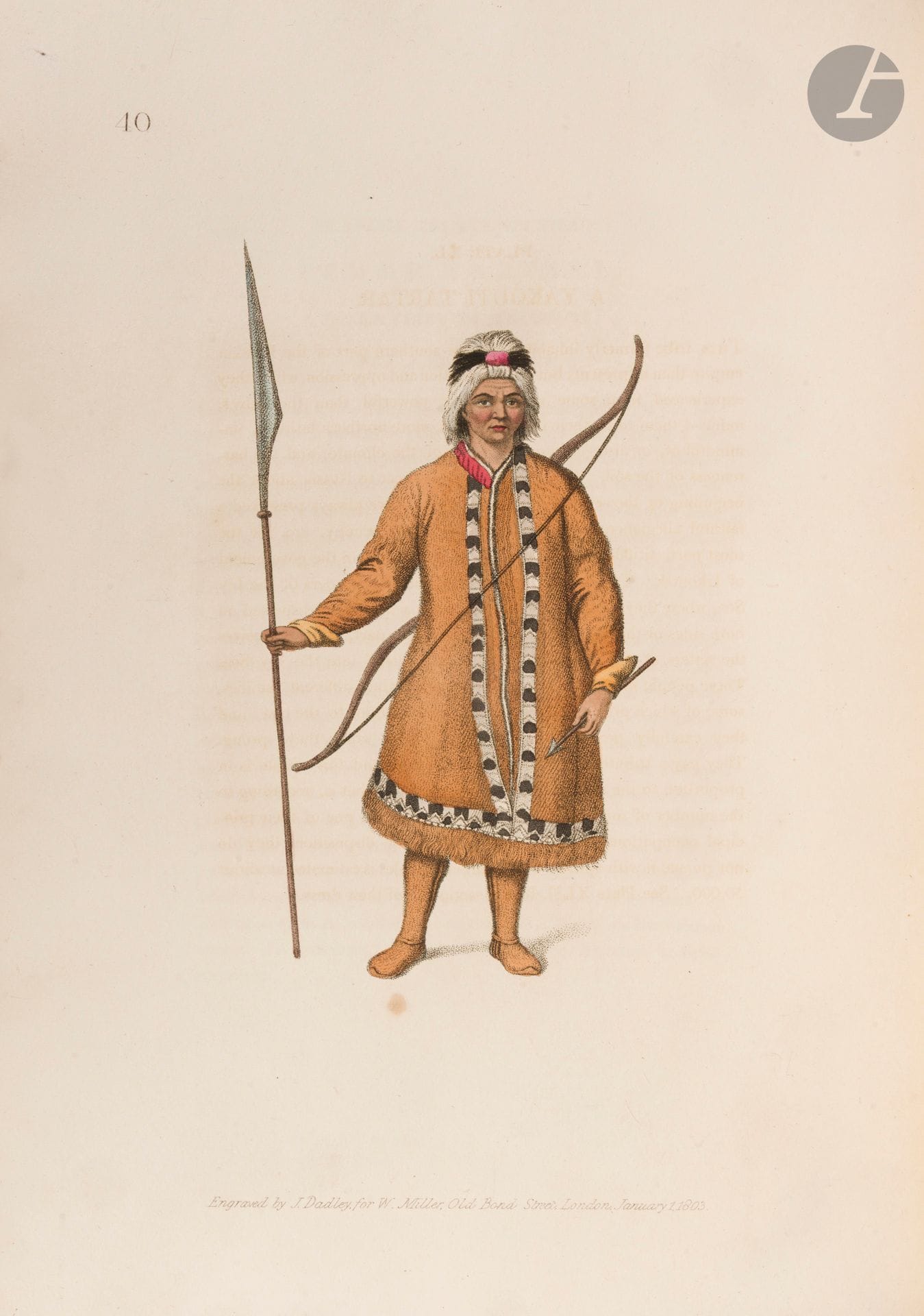 [DADLEY (J.)].
The Costume of the Russian Empire.
Londres : S. Gosnell pour W. Miller, 1803. — In-folio, 365 x 263 : (82 ff.), 73 planches. Veau brun, roulette et filets dorés en encadrement sur les plats, dos à nerfs orné, tranches dorées (reliure moderne avec plats et dos d’origine rapportés).

Édition originale franco-anglaise faisant partie de la collection sur les costumes publiée par Miller. Dédiée à Charles Hatchett, elle comprend 73 planches gravées en couleurs au pointillé par J. Dadley, faisant connaître les nombreuses nations de l’Empire de Russie au début du XIXe siècle..

« L’authenticité de cet ouvrage peut d’autant moins être révoquée en doute que les planches qu’il contient ont été fidèlement copiées d’après celles de la collection commencée à Pétersbourg en 1776, et finie en 1779, par les soins et aux frais de C. W. Müller, conformément aux désirs de l’Impératrice Catherine II qui en accepta la dédicace. Dans l’ouvrage […] nous avons exactement suivi le plan de l’original. Ainsi, les vingt premières Planches offrent la description des nations qui tirent leur origine des Finlandois. On trouvera celle des différentes hordes de Tartares soumises à la Russie, dans les vingt-deux Planches suivantes. La Planche Quarante-troisième, et les suivantes, jusqu’à la Cinquante-neuvième inclusivement, se rapportent aux différentes tribus de Samoyèdes, et à celles qui habitent la partie la plus orientale de la Sibérie, et les iles de l’Océan Oriental. La Planche Soixantième, et les suivantes, comprennent les Kalmoucks, les Mongoles, et quelques autres tribus moins considérables » (Préface).

Exemplaire en reliure moderne, avec les plats, le dos et les gardes d’origine rapportés avec leurs défauts restaurés (épidermures, manques, etc.).
Rousseurs éparses. Transfert des gravures sur les feuillets en regard.
Provenance : ex-libris représentant un avant-bras tenant une torche, surmontée de la divise « Dux mihi Deus ».