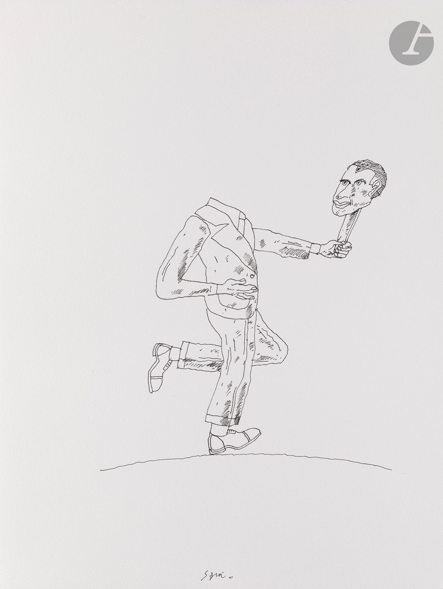 PHILIPPE (Jean-Loup) - SÉGUI (Antonio).
L’Homme qui a perdu sa tête.
[Paris] : Éditions Guillotin, 2016. — 420 x 320 : (7 ff. le dernier blanc), 5 planches, couverture illustrée. Cousu, couverture à trois volets, dernier feuillet collé au second volet.

Édition originale illustrée de 5 estampes en couleurs hors texte du peintre et graveur argentin Antonio SÉGUI (1934-2022). Elle fut mise en page par Ariel Termine.

Tirage à 60 exemplaires tirés sur papier vergé pour le texte et sur papier vélin pour les planches, signés par l’auteur et l’artiste à la justification.

Un des 5 exemplaires numérotés en chiffres romains (n° II), enrichis d’une suite numérotée et signée des 5 estampes, numérotées et signées par Ségui, ainsi que d’un dessin original signé de l’artiste.

Exemplaire parfaitement conservé.