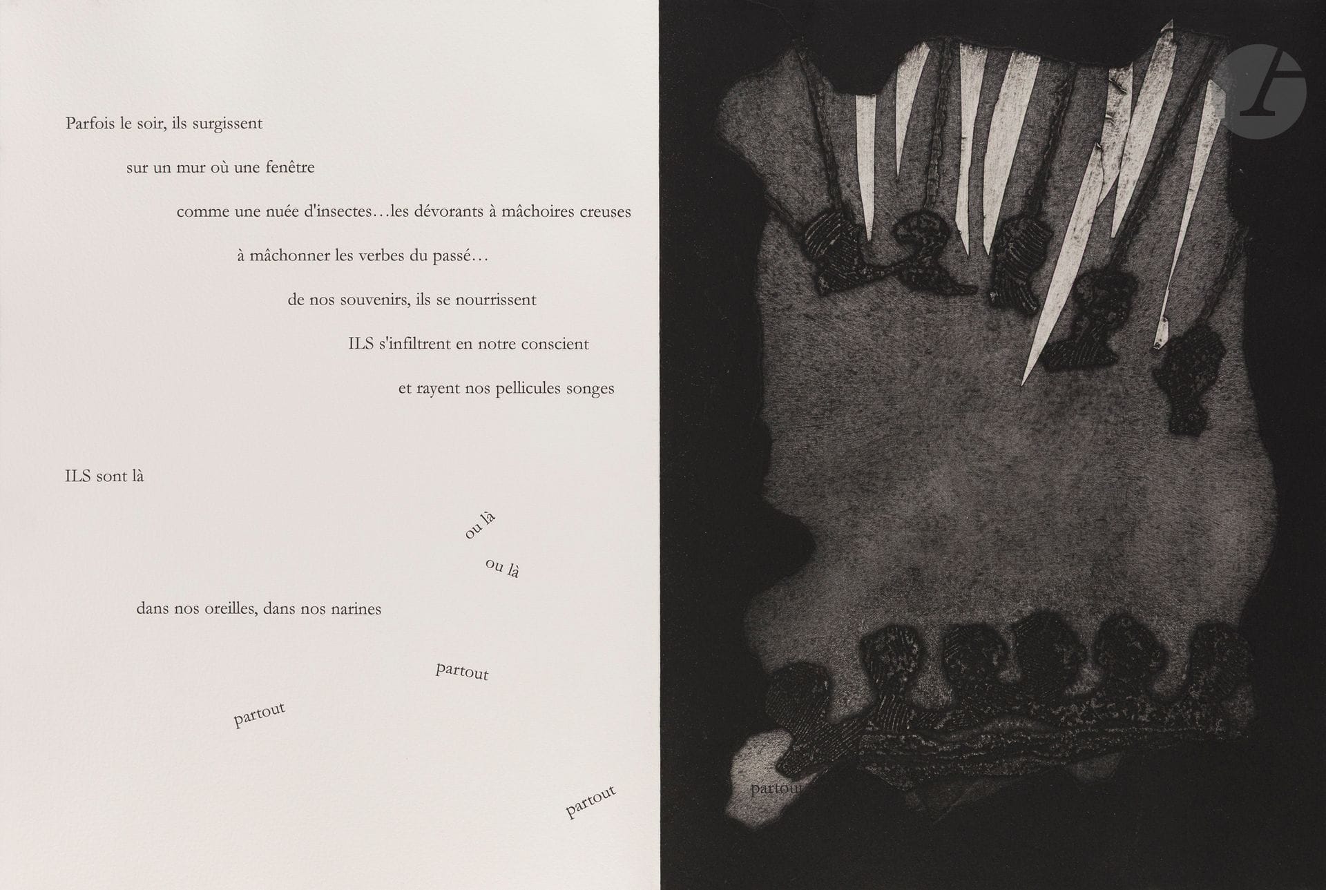 PHILIPPE (Jean-Loup) - BUTRÉ (Anick).
Les Voleurs d’étreintes.
S.l. : Noir d’ivoire, [2010]. — 380 x284 : (14 ff. dernier blanc), couverture imprimée. En feuilles, couverture rempliée, étui.

Édition originale illustrée de 5 gravures originales à pleine page de l’artiste peintre et relieuse Anick BUTRÉ (née en 1942).

Tirage à 30 exemplaires sur vélin d’Arches, celui-ci portant le numéro 1, signés par l’auteur et l’artiste à la justification.

Exemplaire enrichi d’un poème autographe de Jean-Loup Philippe de 2 pages in-4.