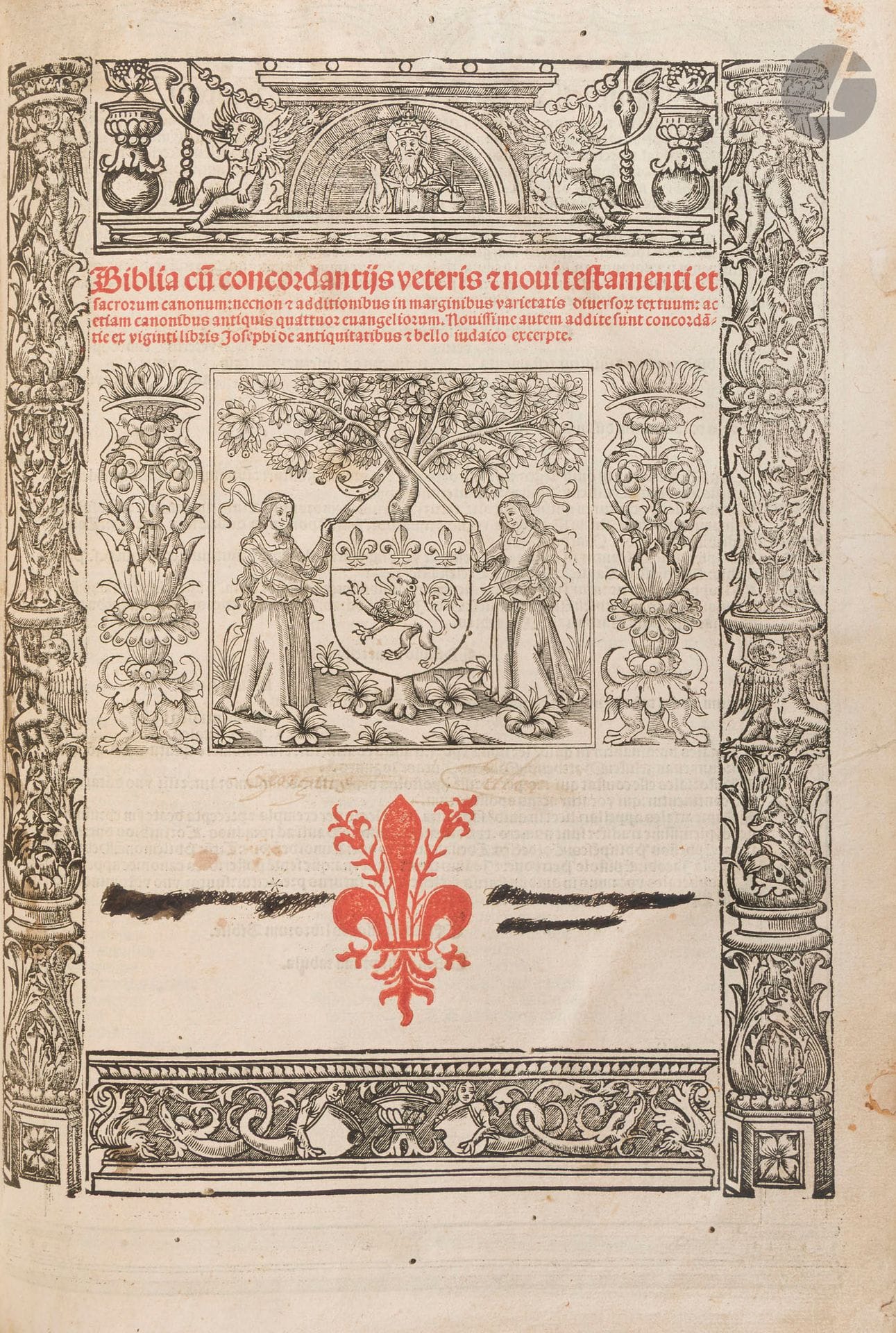[BIBLE].
Biblia cu(m) concordantijs veteris et noui testamenti et sacrorum canonum necnon & additionibus in marginibus varietatis diuerso(rum) textuum : ac etiam canonibus antiquis quatuor euangeliorum. Nouissime autem addite sunt concorda(n)tie ex viginti libris Josephi de antiquitatibus & bello iudaico excerpte.
Lyon : Jacques Sacon ; Nuremberg : Antoine Koberger, 24 juillet 1521. — In-folio, 350 x 248 : (14 ff.), CCCXVII ff., (26 ff. premier blanc). Peau de truie sur ais de bois, plats ornés d’encadrements composés de roulettes à froid faites de feuillages et de portraits, dos à nerfs, fermoirs en cuir et laiton, tranches bleues, signets (reliure de l’époque).

Delaveau-Hillard, Bibles imprimées du XVe au XVIIIe siècle, n° 794.

Superbe bible latine illustrée du XVIe siècle, imprimée en lettres gothiques à Lyon par Jacques Sacon pour Anton Korberger de Nuremberg. Elle suit fidèlement, page par page, l’édition publiée par ces derniers en 1519.

Cette édition a été mise en œuvre par le dominicain italien Alberto Castellano (1450 ?-1523 ?), qui avait notamment initié la première tentative de révision critique de la Vulgate. Elle intègre également des notes historiques du canoniste et théologien milanais Johannes de Gradibus (14..-1525 ?) ainsi que des références au droit canon dans les marges.

De plus, elle est ornée d’une riche illustration gravée sur bois, dont deux compositions à pleine page : la première illustre les six jours de la création (en regard du feuillet 1), et la seconde représente la Nativité (feuillet CCXLIV verso). On y trouve également une gravure à mi-page représentant le jardin d’Éden et plus de 140 vignettes gravées sur bois, dont 80 répétées à plusieurs reprises. Ces bois ont été principalement réalisés par le graveur Hans Springinklee (vers 1490-1550), élève d’Albrecht Dürer, ainsi que par le peintre, dessinateur et graveur Erhard Schön (1491-1542).

Le titre est encadré par quatre frises gravées sur bois, entourant les armoiries de Lyon et la fleur de lys florentine, imprimée en rouge.

Cet exemplaire, très beau, est en reliure de l’époque en peau de truie estampée à froid sur des ais de bois. Il a conservé ses deux fermoirs d’origine en laiton ciselé, mais l’ombilic et les bouillons (fers angulaires) manquent. Les plats sont ornés de frises de feuillages et de portraits, notamment de personnages bibliques, en encadrement. Les doublures comportent plusieurs notes et ex-libris anciens.

Trous de vers à la reliure ainsi que sur plusieurs feuillets mais sans gravité. Deux coins abîmés, salissures. Taches d’encre au feuillet XXVIII et aux feuillets CLII verso et CLIII recto. Quelques mouillures claires.