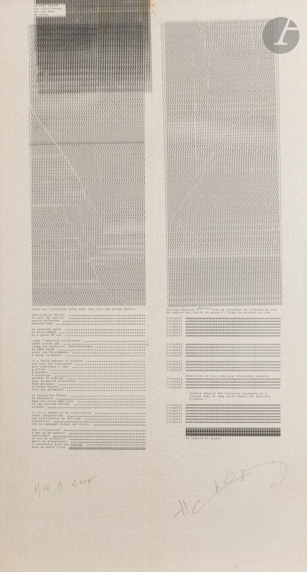 CHOPIN (Henri).
Le Ciel violet des archi-choses qui ont peur de vivre…
S.l., 2005. — Un feuillet 845 x 460, encadré.

Exemplaire unique de ce dactylo-poème avant-gardiste, composé à la machine à écrire par Henri Chopin (1922–2008) entre le 1er et le 10 août 2005. Réalisé sur un feuillet de papier japon d’environ un mètre de long, il est signé de la main de l’artiste, figure majeure de la poésie expérimentale.

Ces œuvres sont des poèmes visuels, où l’auteur superpose lettres, chiffres et signes pour former des textures visuelles denses et des compositions abstraites. Le terme « dactylo-poème » a été inventé par Chopin dans les années 1960 pour désigner cette nouvelle forme de poésie, à la frontière entre l’écriture et le dessin.