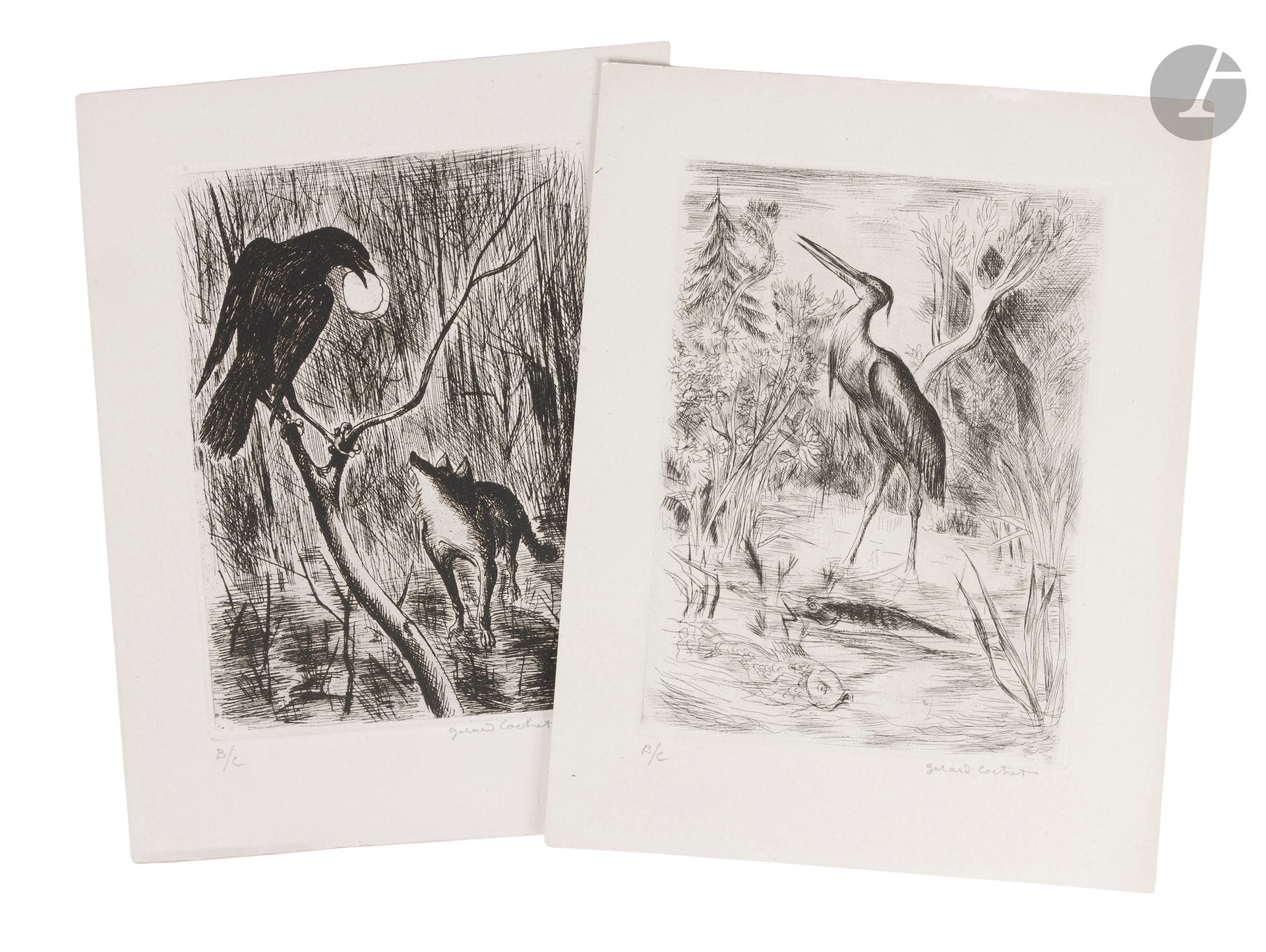 [REVUE - BIBLIOPHILIE].
Le Portique.
Paris : Rombaldi, 1945-1951. — 8 vol. in-4, brochés, couvertures rempliées.

Collection complète de cette revue de bibliophilie, parfaitement documentée et illustrée de nombreux hors-texte, publiée sous la direction d’Éric de Grolier.

Ces précieux exemplaires font partie du tirage de luxe, à l’exception du numéro 4, limité à 103 exemplaires numérotés. Ils proviennent directement de l’éditeur Éric de Grolier et font partie des 3 exemplaires hors commerce (non mentionnés à la justification), justifiés B/C. En plus des gravures originales prévues, ils sont enrichis de documents originaux, le tout réparti comme suit :

n° 1 :
- Eau-forte originale de Jean-Émile Laboureur (non signée),
- Brochure de parution.

n° 2 :
- Lithographie originale en couleurs, signée par André Marchand, tirée sur papier de Chine,
- Lettre autographe signée de Jean-Gabriel Daragnès adressée à Grolier, datée du 20 septembre 1945 (1 page in-4) : « C’est avec un grand plaisir que j’ai reçu votre revue. Depuis longtemps j’ai vu de nombreux efforts faits pour la propagande du beau livre, mais jamais je n’ai constaté une si belle réussite. »

n° 3 :
- Deux eaux-fortes originales, signées de Gérard Cochet,
- Lettre dactylographiée de l’éditeur destinée aux abonnés,
- 2 lettres autographes signées de Pierre Mac Orlan, adressées à Grolier, datées du 21 décembre 1944 et du 10 mars 1946 (2 pages in-8), concernant son article sur Chas Laborde,
- Photographie d’une eau-forte d’Édouard Vuillard, reproduite page 54, avec au verso des indications de mesures et le cachet « Bibliothèque Nationale Paris, Service photographie, cote du cliché 45-C-1488 » (le numéro de cote est au crayon).

n° 4 :
- Exemplaire ordinaire.

n° 5 :
- Eau-forte originale, signée de Pierre Falké,
- Second exemplaire du feuillet de sommaire, avec la photographie de Paul Valéry au verso,
- Épreuve corrigée par Henri Charpentier des deux premiers feuillets contenant le poème « Arlequin »,
- 2 photographies originales de Pierre Falké par Guy Le Boyer, reproduites pages 27 et 41, avec le cachet du photographe au verso.

n° 6 :
- Pointe sèche originale, signée de Denyse de Bravura, illustrant le poème « En Arles » de P.-J. Toulet,
- Poème autographe signé de Robert Houdelot, intitulé « Guitare », adressé à Bernard Thibaut des éditions Rombaldi,
- 5 reproductions d’une même gravure de Gus Bofa (4 en noir et une en couleurs),
- 2 lettres autographes signées de Gus Bofa, adressées à M. René Gas, directeur des éditions Rombaldi (1 page 1/2 in-4 et 1 page in-8),
- Lettre autographe signée de Pierre Mac Orlan, adressée à Grolier, datée du 26 février 1947 (1 page in-8), concernant l’article sur Gus Bofa publié dans ce numéro,
- Enveloppe autographe de Pierre Mac Orlan à l’adresse d’Éric de Grolier.

n° 7 :
- Lithographie originale, signée de Luc-Albert Moreau, intitulée « Les deux Grock »,
- Brochure « Sélection d’éditeurs et de libraires français ».

n° 8 :
- Eau-forte originale, signée de Decaris,
- Épreuve justifiée « Bon à tirer » et signée par Decaris de la même eau-forte,
- Lettre autographe signée de Jean-Louis Vaudoyer, adressée à Grolier, datée du 5 novembre 1950 (1 page in-4), concernant les corrections de son article « Stendhal et Parme »,
- Lettre autographe signée de Decaris, adressée à Grolier (sans date, 1 page in-4), concernant le cliché d’une gravure,
- Manuscrit autographe de l’éditeur (1 page in-8 oblong), contenant le texte figurant sous la photographie d’Alain-Fournier (page 46)..

Exemplaires très bien conservés.
Provenance : Éric de Grolier.