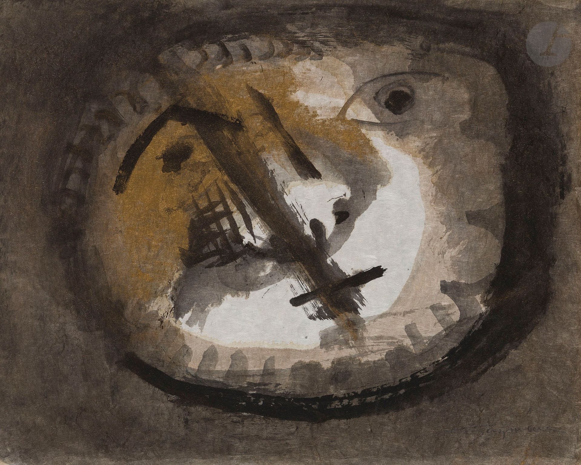 PHILIPPE (Jean-Loup) - GUZMÀN (Alberto).
Monsieur le monde.
[Dinard] : Éditeur-Imprimeur Atelier Felt, [1998]. — 381 x 285 : (22 ff.), premier et avant dernier blancs), couverture imprimée. En feuilles, couverture rempliée.

Édition originale de cette pièce à deux personnages, jouée pour la première par Jean-Pierre Daras et Jean-Paul Cisife sur France Culture, le 16 janvier 1986.

Elle est illustrée de 5 superbes gravures originales à pleine page de l’artiste-plasticien et sculpteur d’origine péruvienne Albert GUZMÀN (1927-2017). À notre connaissance, il s’agit de l’un des deux seuls livres d’artiste illustrés par lui, après celui qu’il a réalisé en collaboration avec Jean-Clarence Lambert en 1992.

Tirage limité à 40 exemplaires sur papier vélin d’Arches. Celui-ci, portant le numéro 2, est l’un des 5 enrichis d’une aquarelle originale signée de l’artiste. Celle du présent exemplaire, de 279 x 345 mm, a été réalisée sur papier japon nacré et représente un visage peint en noir et en doré.

Exemplaire parfaitement conservé.