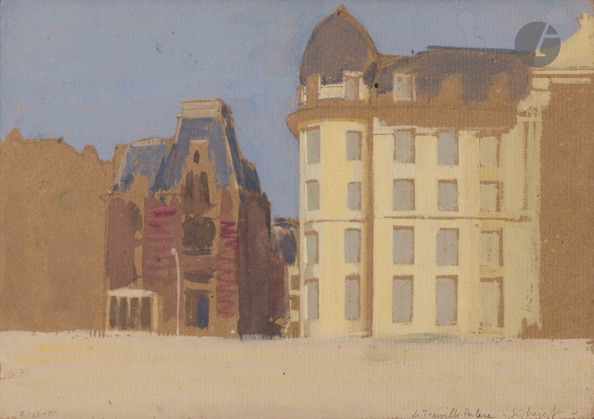 Jean-Baptiste Sécheret (born 1957)
Le Trouville-Palace. 1991. Watercolor on laid paper (kraft). Sheet: 20.7 x 29.3 cm. Dated "2.IX.91", titled and signed in pencil. Frame (not examined outside the frame).