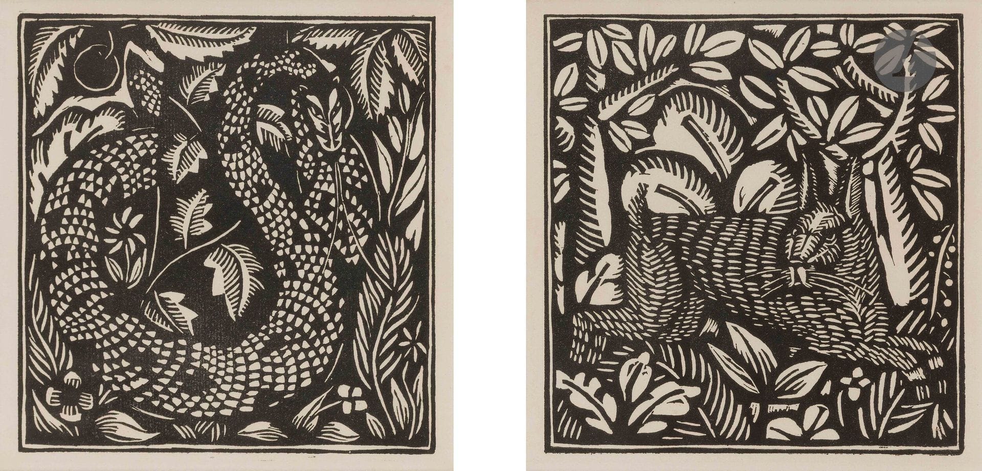 Raoul Dufy (1877-1953) 
Snake; Hare. Pl. for G. Apollinaire, "Le Bestiaire ou Cortège d'Orphée". Paris, Deplanche, 1911. Woodcut. Each approx. 20.5 x 19.5 cm. I.F.F. 10. Fine proofs on white laid paper. Framed (not examined out of frame).