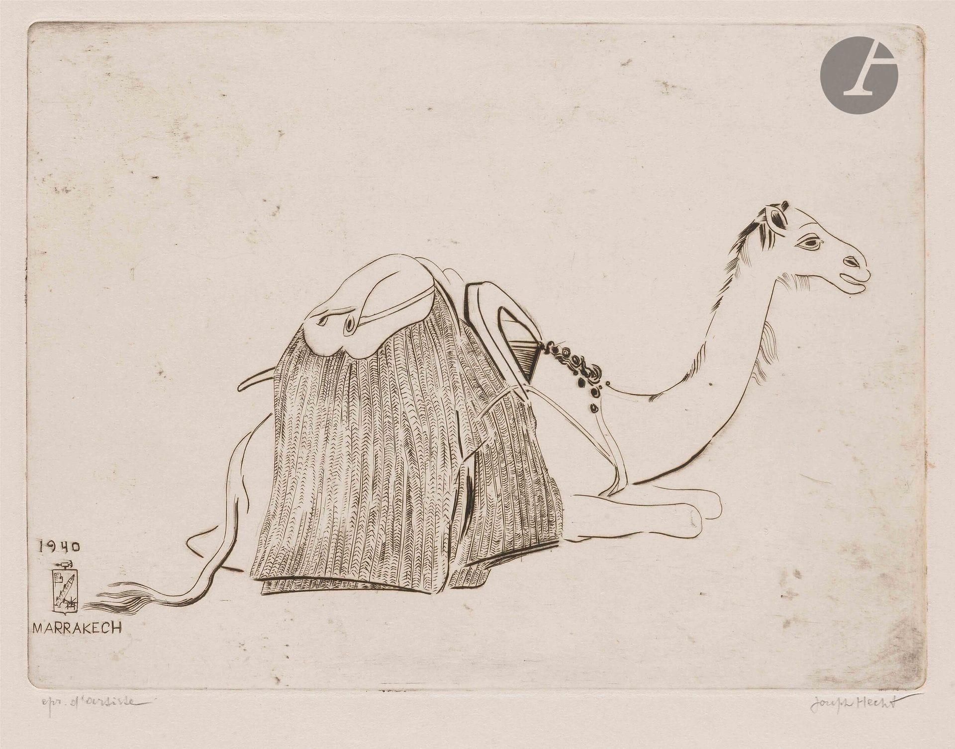 Joseph (Józef) Hecht (Polish, 1891-1951)
Camel. 1940. Burin. Sheet: 39 x 46 cm. Plumart, Tonneau-Ryckelynck324. Very fine proof on cream laid paper, annotated "épr. d'artiste" and signed in pencil. Full margins. Final edition of 30 proofs.