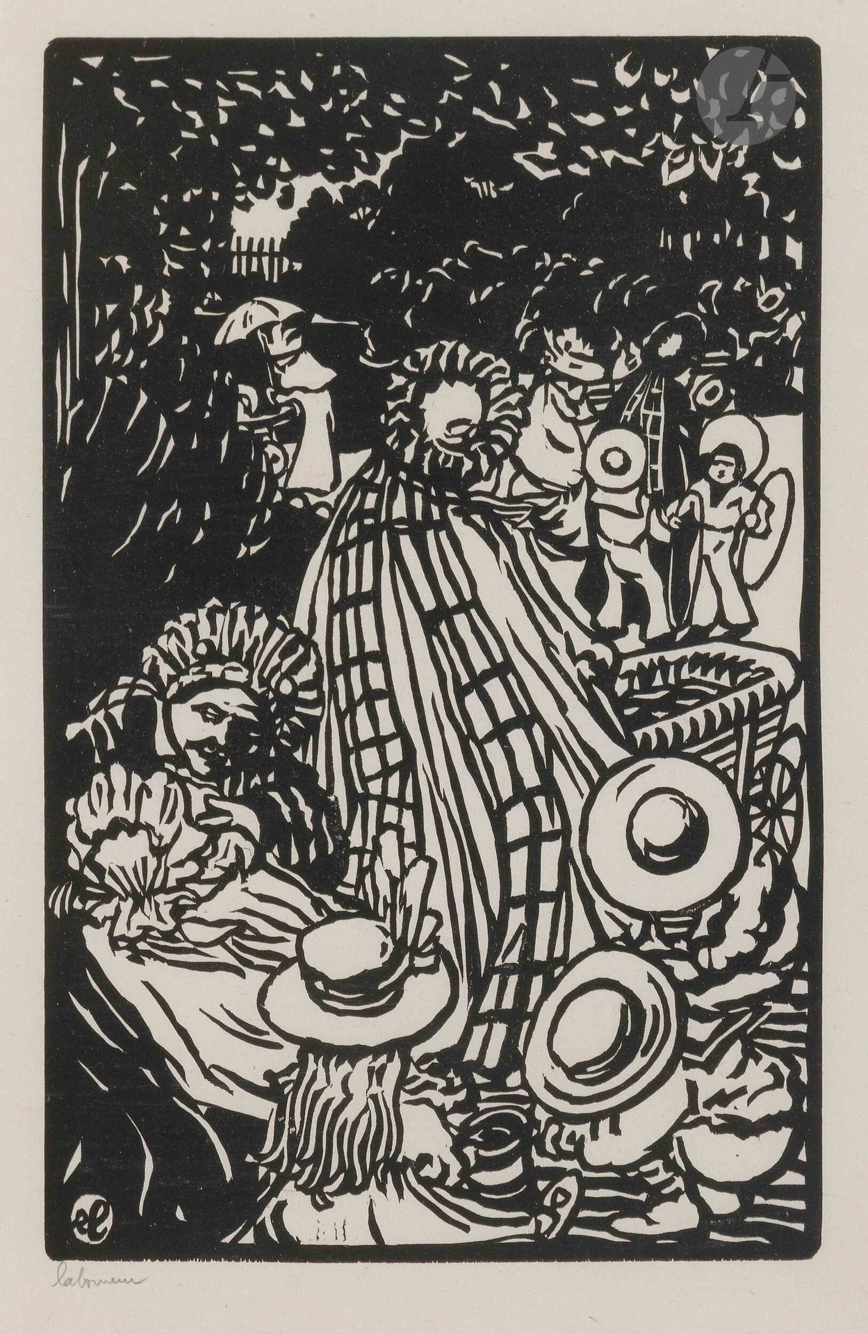 Jean-Émile Laboureur (1877-1943)
Au Luxembourg. 1897. Bois gravé. La feuille: 34 x 27,3 cm. Laboureur 572. Très belle épreuve d’essai sur chine volant, antérieure au tirage à nombre effectué pour «L’Image», signée au crayon. Toutes marges. Ex-coll. H. M. Petiet (Lugt 5031). Cadre (non examinée hors du cadre). Joint: photocopie de Un coin du Luxembourg, bois gravé de 1898. Cadre (non examinée hors du cadre). Ens. 2 p.
