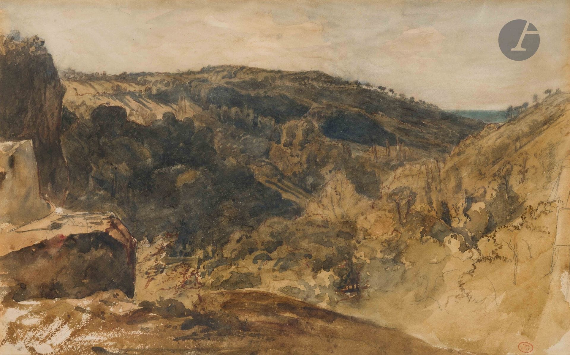 Paul HUET (1803-1869)
Rolling landscape
Watercolor over pencil lines.
Stamped lower right (Lugt L.1268).
30 x 49 cm