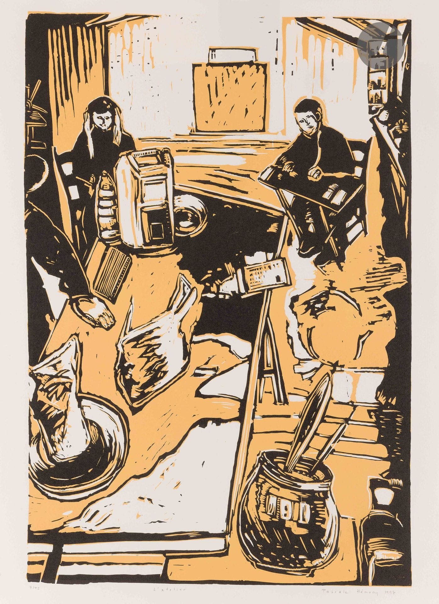 Pascale Hémery (née en 1965)
L’Atelier. 1997. Bois gravé. La feuille:76 x 56,4 cm. PlumartLG 96. Impression en deux tons. Très belle épreuve sur vélin blanc, numérotée, titrée, signée et datée au crayon. Un angle corné. Toutes marges. Tirage à 45 épreuves.