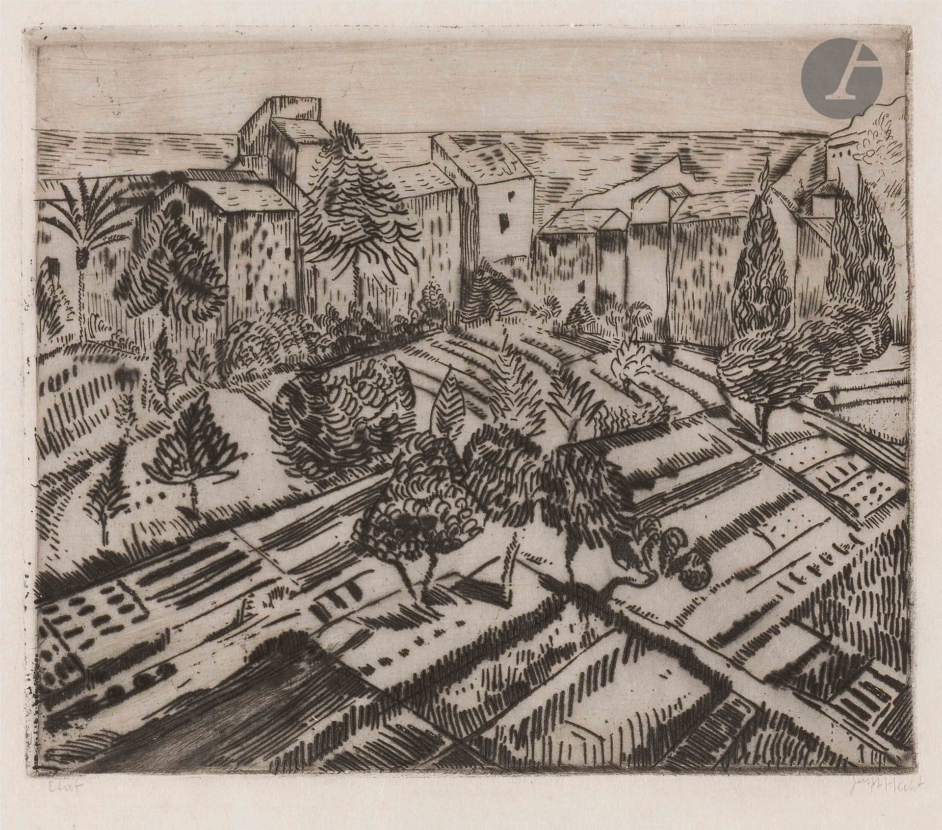 Joseph (Józef) Hecht (polonais, 1891-1951)
Paysage du Midi II. 1920-1923. Eau-forte. La feuille: 27 x 38 cm. Plumart, Tonneau-Ryckelynck 79. Très belle épreuve sur vergé blanc, justifiée «Etat» et signée au crayon, titrée dans l’angle inférieur droit, soigneusement lavée. Toutes marges. Tirage définitif à 10 épreuves environ.