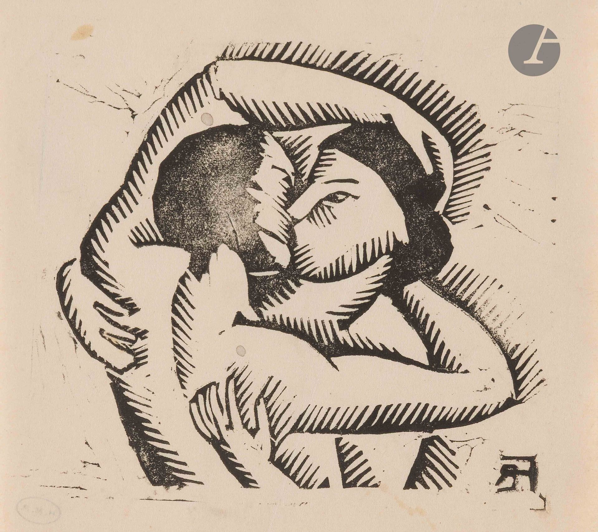 Roger de La Fresnaye (1885-1925)
Embracing couple. Circa 1911. Woodcut. The sheet: 13.5 x 14.5 cm. I.F.F. not described. Very fine proof on vellum, with small traces of champlevage. Small normal margins. Ex-coll. H. M. Petiet (Lugt 5031 - stamp on front).