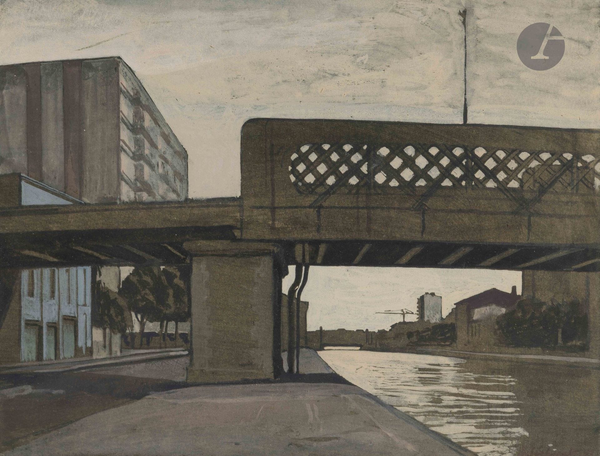 Jean-Baptiste Sécheret (born 1957)
Bassin de la Villette. 1997. Watercolor and gouache on laid paper (kraft). Sheet: 24.3 x 32.2 cm. Signed and dated in brush and ink. Frame (not examined outside the frame).