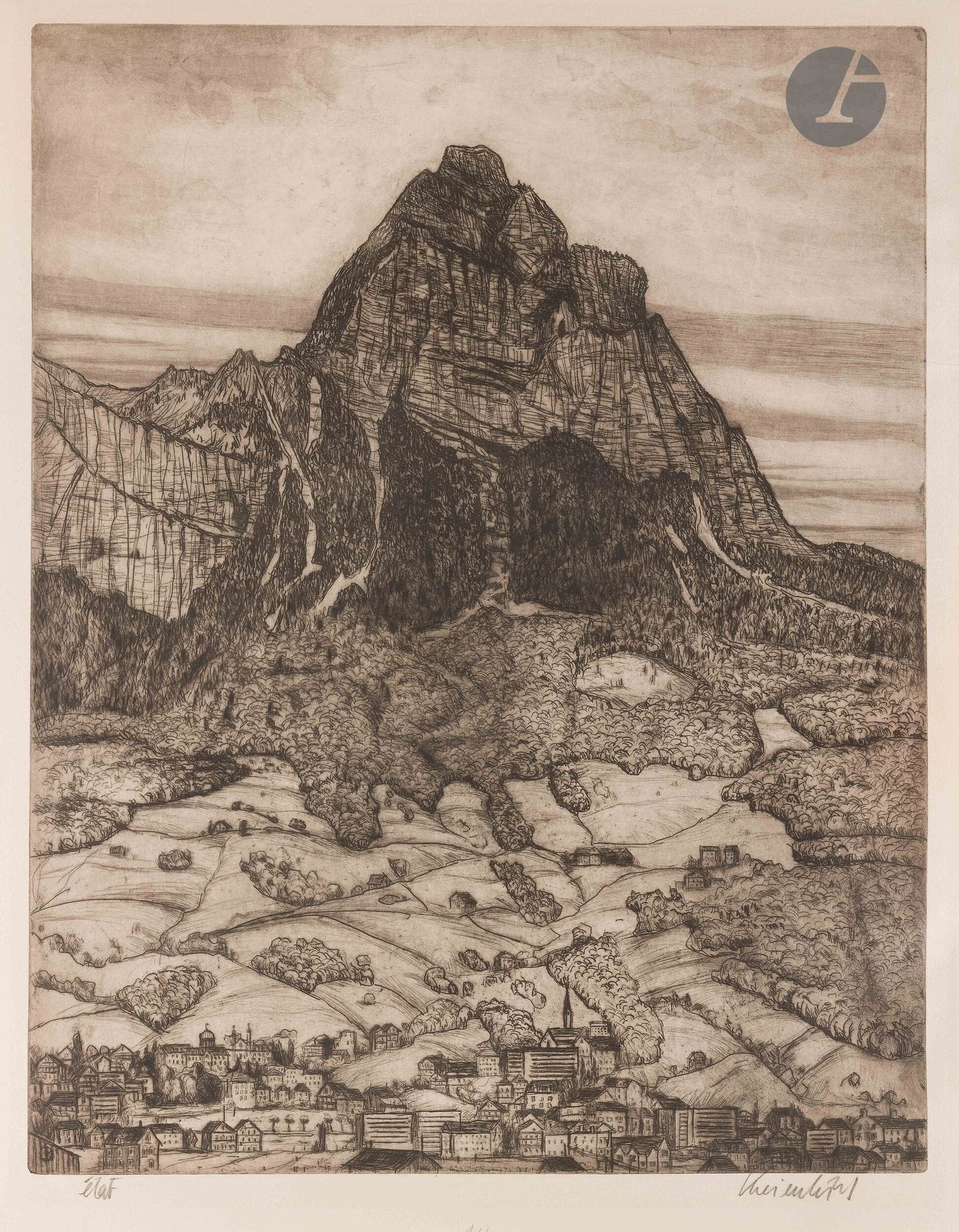 Jürg Kreienbühl (1932-2007)
Le Grand Mythen (Suisse). 1996. Eau-forte, aquatinte, pointe sèche et roulette sur zinc. La feuille: 90,5 x 71 cm. Plumart G 217. Parfaite épreuve sur vélin blanc, annotée «état» et signée au crayon. Toutes marges. Tirage définitif à 30 épreuves.