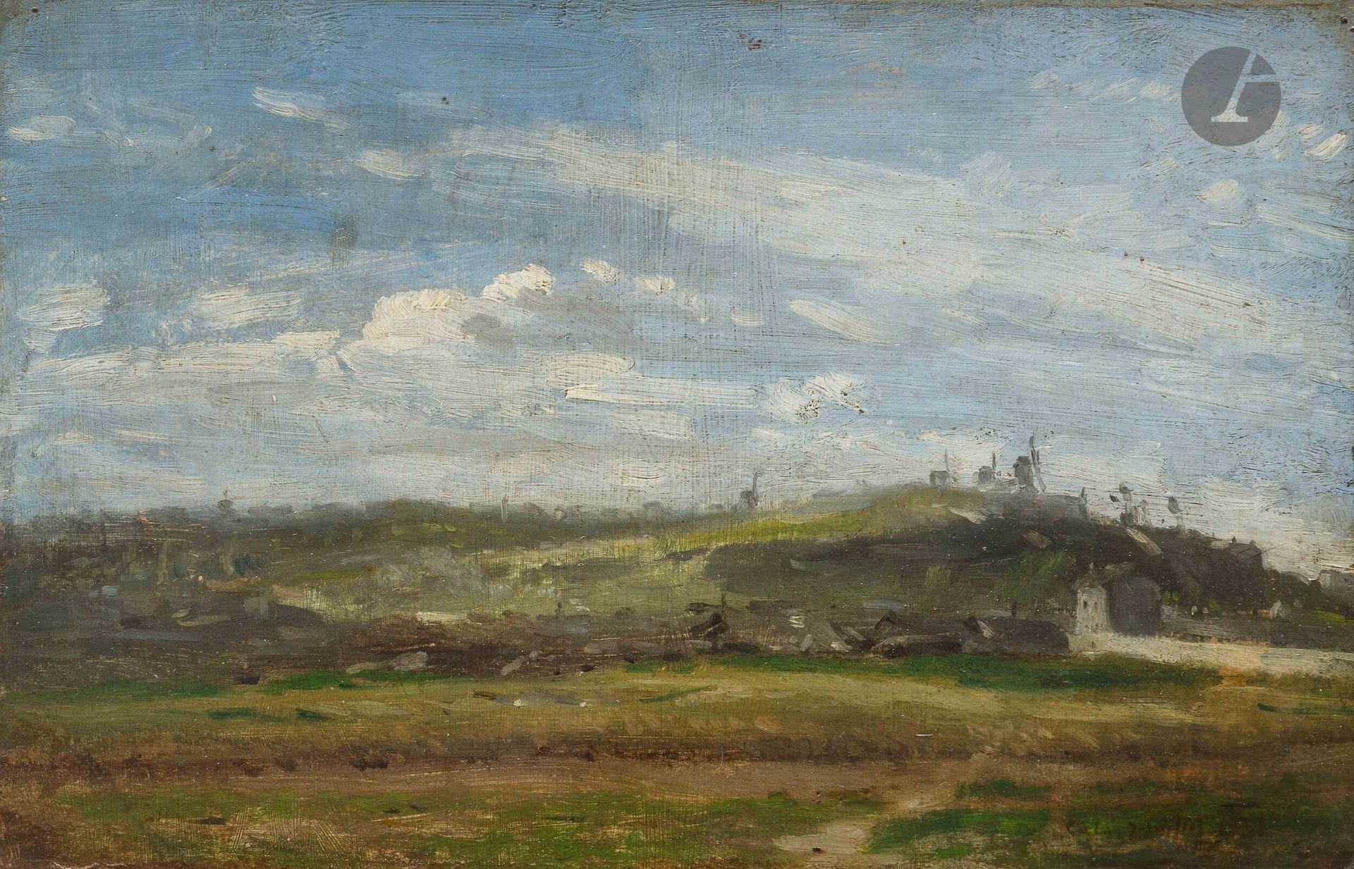 Adolphe Félix CALS (1810-1880)
Paris, vue des moulins de Montmartre, 7 juillet 1850
Huile sur carton monté sur toile.
Signée et datée en bas à droite.
(Petits manques sur les bords).
15 x 22,5 cm