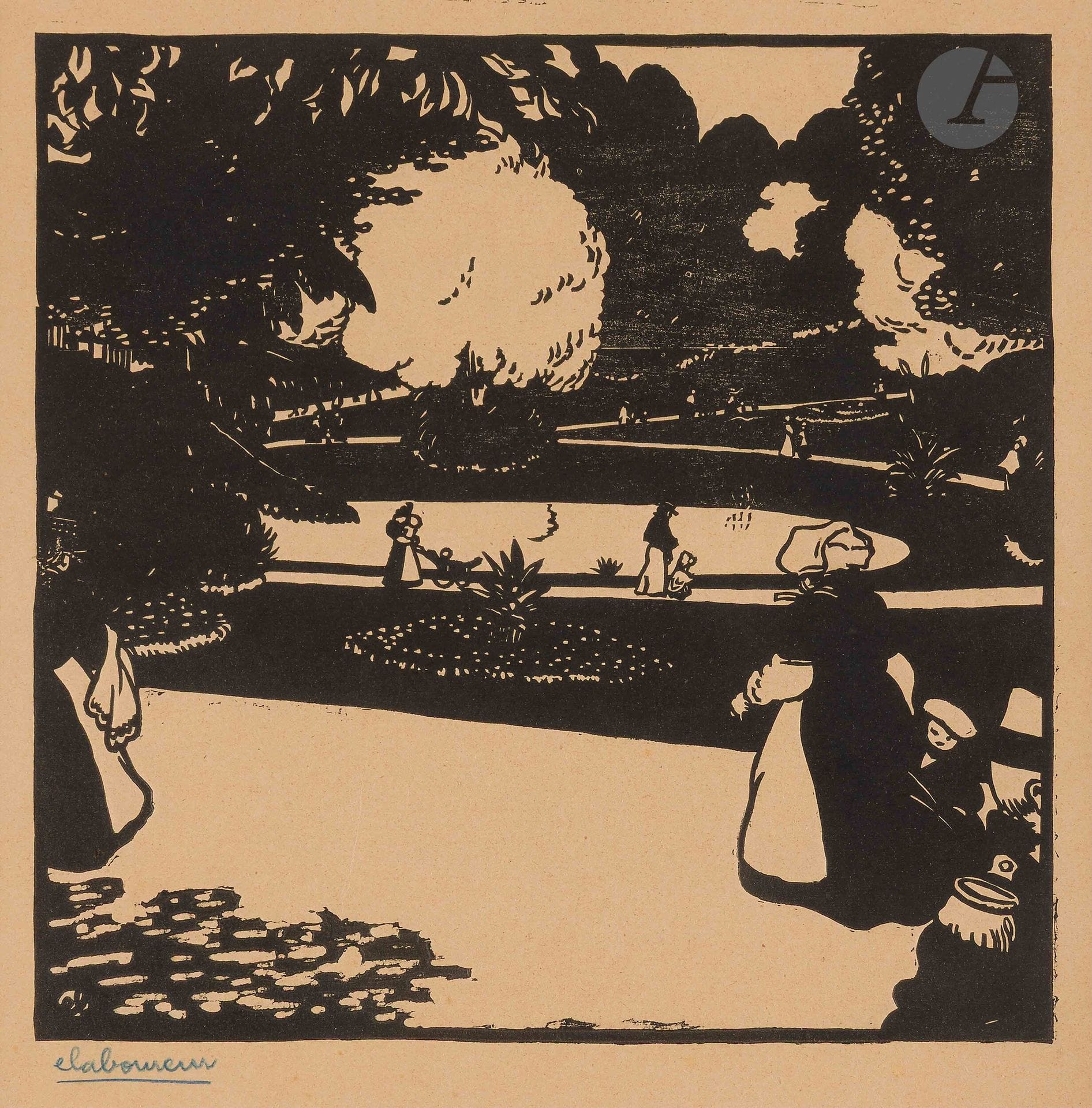 Jean-Émile Laboureur (1877-1943)
Le Jardin public (Nantes). 1900. Bois gravé. 23,8 x 24; la feuille: 41 x 36 cm. Laboureur 603. Très belle et rare épreuve sur vélin mince chamois, signée au crayon bleu. Infimes rousseurs, traces de plis et menus accidents, dont une déchirure de 30 mm habilement consolidée au bord supérieur droit. Toutes marges. De toute rareté. Tirage total à 11 épreuves. Ex-coll. H. M. Petiet (Lugt 5031).