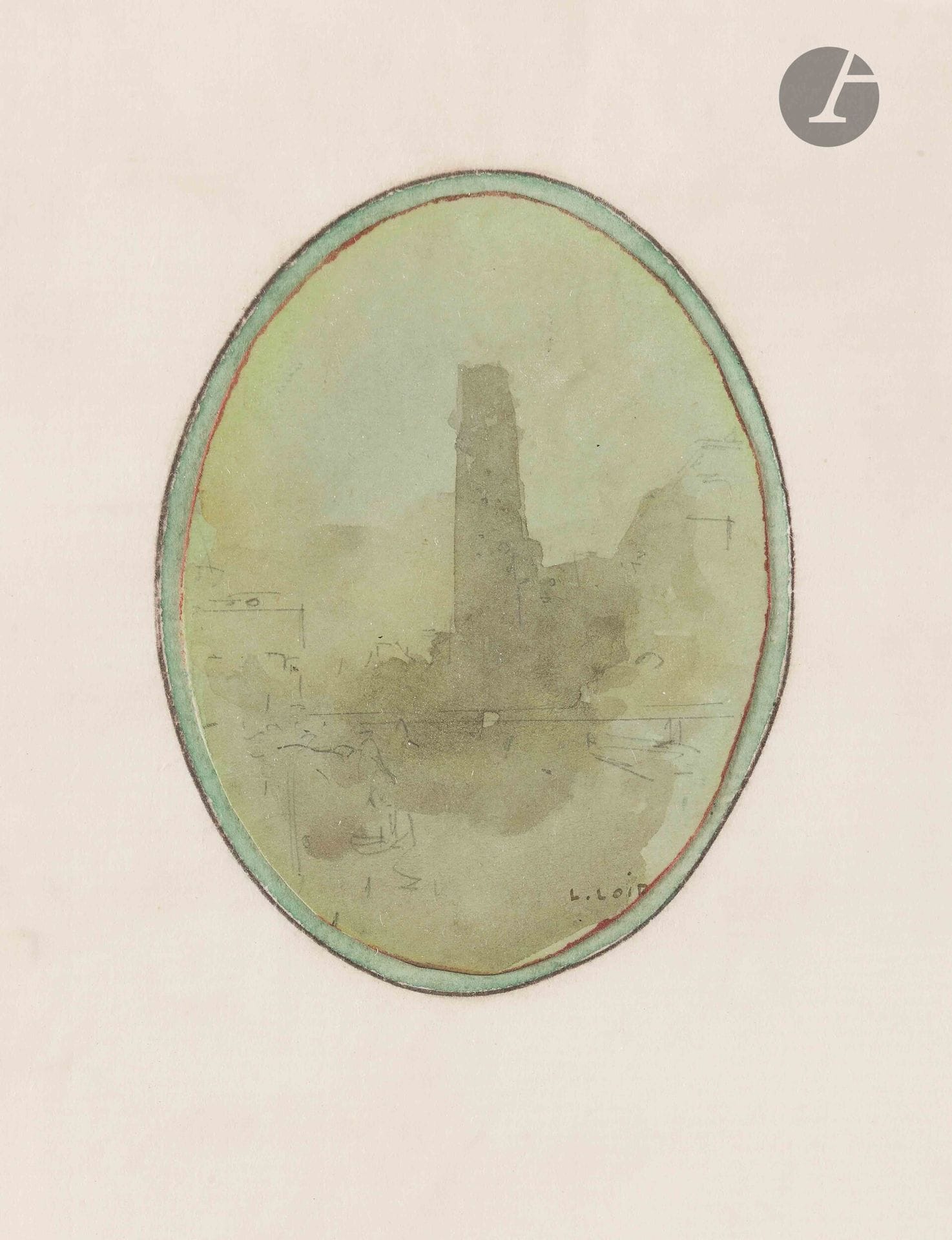 Luigi LOIR (1845-1916)
La Rochelle, entrée du port
Lavis d'encre sur papier vert ovale.
Signé en bas à droite.
8 x 6 cm
