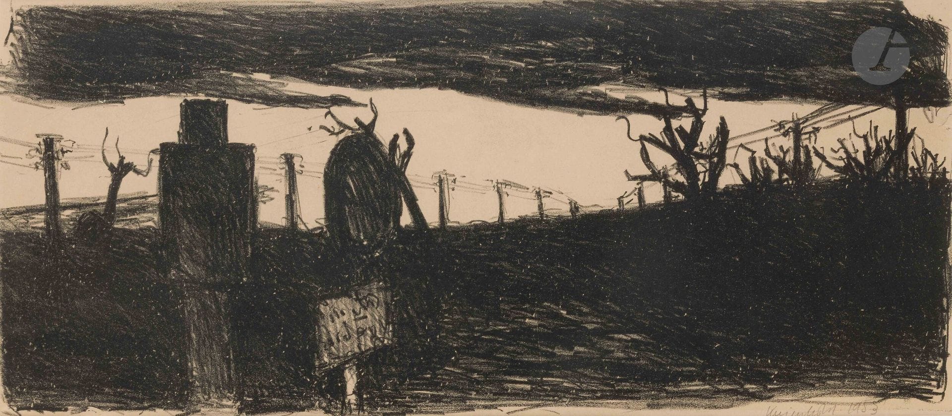 Jürg Kreienbühl (1932-2007)
Bruderholz après l’orage. 1953. Lithographie. À vue : 24,5 x 56 cm. Plumart L 30. Très belle épreuve sur vélin ivoire signée et datée au crayon. Marges. Tirage à 15 épreuves. Cadre (non examinée hors du cadre).