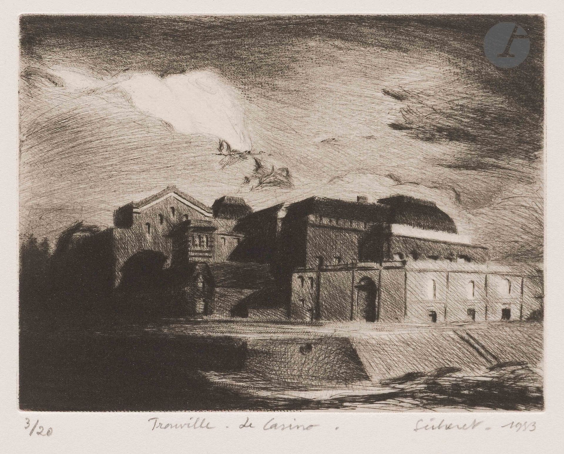 Jean-Baptiste Sécheret (né en 1957)
Trouville – le casino. 1983. Pointe sèche et roulette. La feuille: 25 x 33 cm. Plumart G 14. Parfaite épreuve sur vélin blanc, numérotée, titrée, signée et datée au crayon. Toutes marges. Tirage à 20 épreuves (malgré les 30 annoncées par le catalogue).