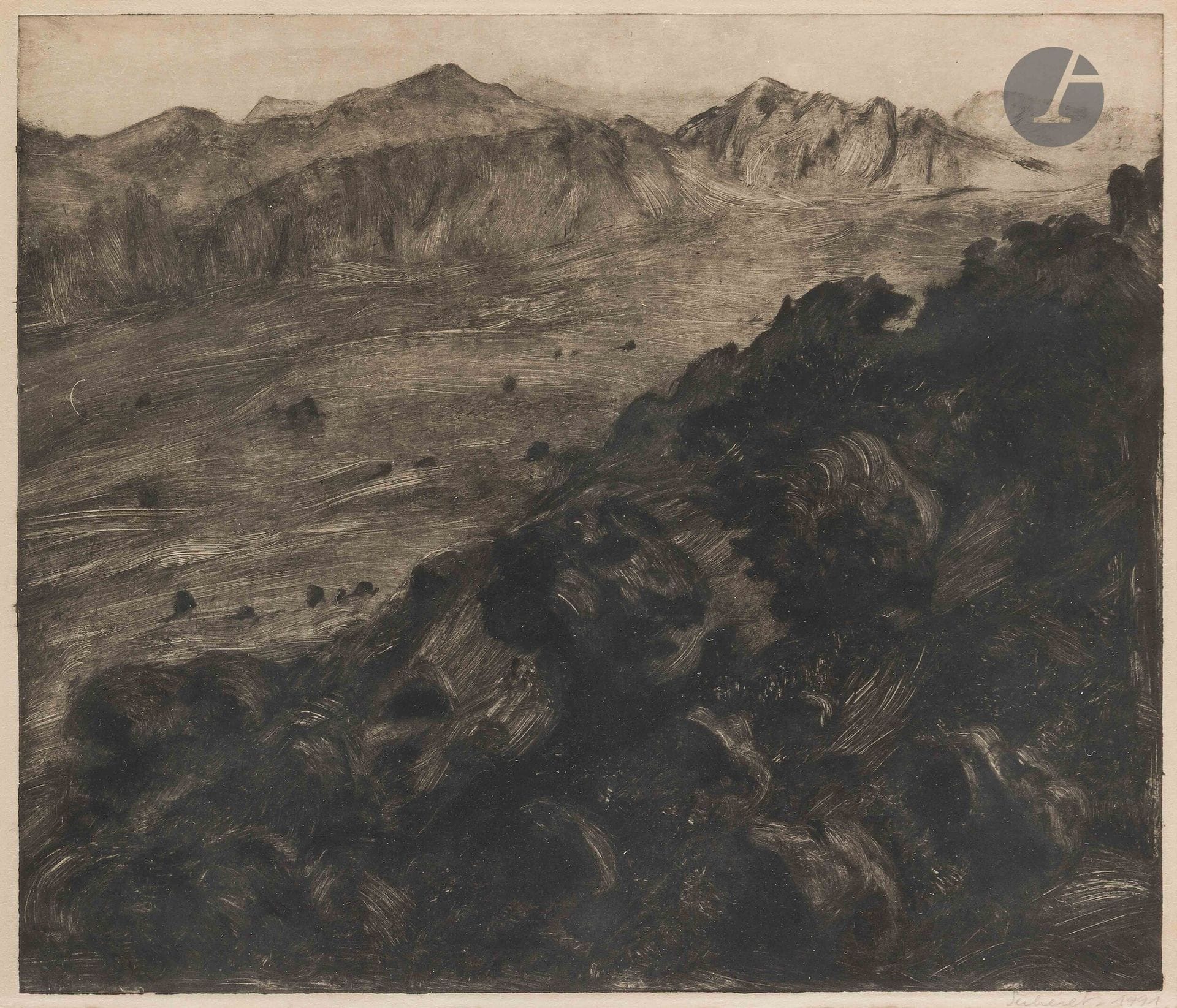 Jean-Baptiste Sécheret (né en 1957)
Montagnes d’Andalousie. 1991. Monotype. La feuille: 24 x 30,5 cm. Très belle épreuve sur vergé, signée et datée au crayon. Toutes marges. Cadre (non examinée hors du cadre).