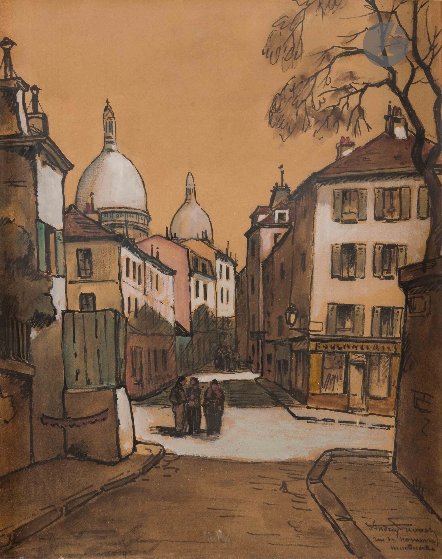 Fernand ANDREY-PRÉVOST (1890-1961)
Montmartre, rue de Norvins
Encre et gouache.
Signée et située en bas à droite.
47 x 37 cm
