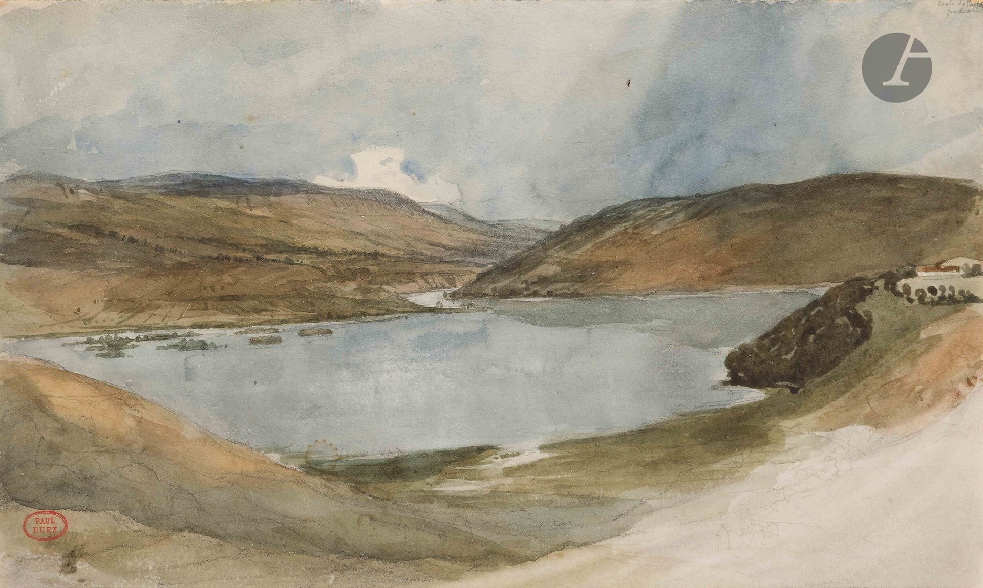 Paul HUET (1803-1869)
Vue du Lac de Guéry
Aquarelle.
Timbre de l'atelier en bas à gauche (Lugt L.1268).
Annotations en haut à droite.
17 x 28,5 cm