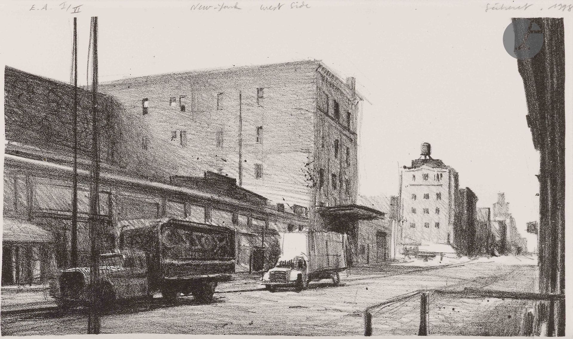 Jean-Baptiste Sécheret (né en 1957)
New York, Ninth Avenue West Side. 1998. Lithographie. La feuille: 16,5 x 28 cm. Plumart L 155. Très belle épreuve sur vélin blanc, justifiée «E.A I/VI», titrée «New-York West Side», signée et datée au crayon le long du bord supérieur, collée par les bords au verso sous passe-partout au moyen de bandes de kraft gommé. Toutes marges. Tirage définitif à 50 épreuves.