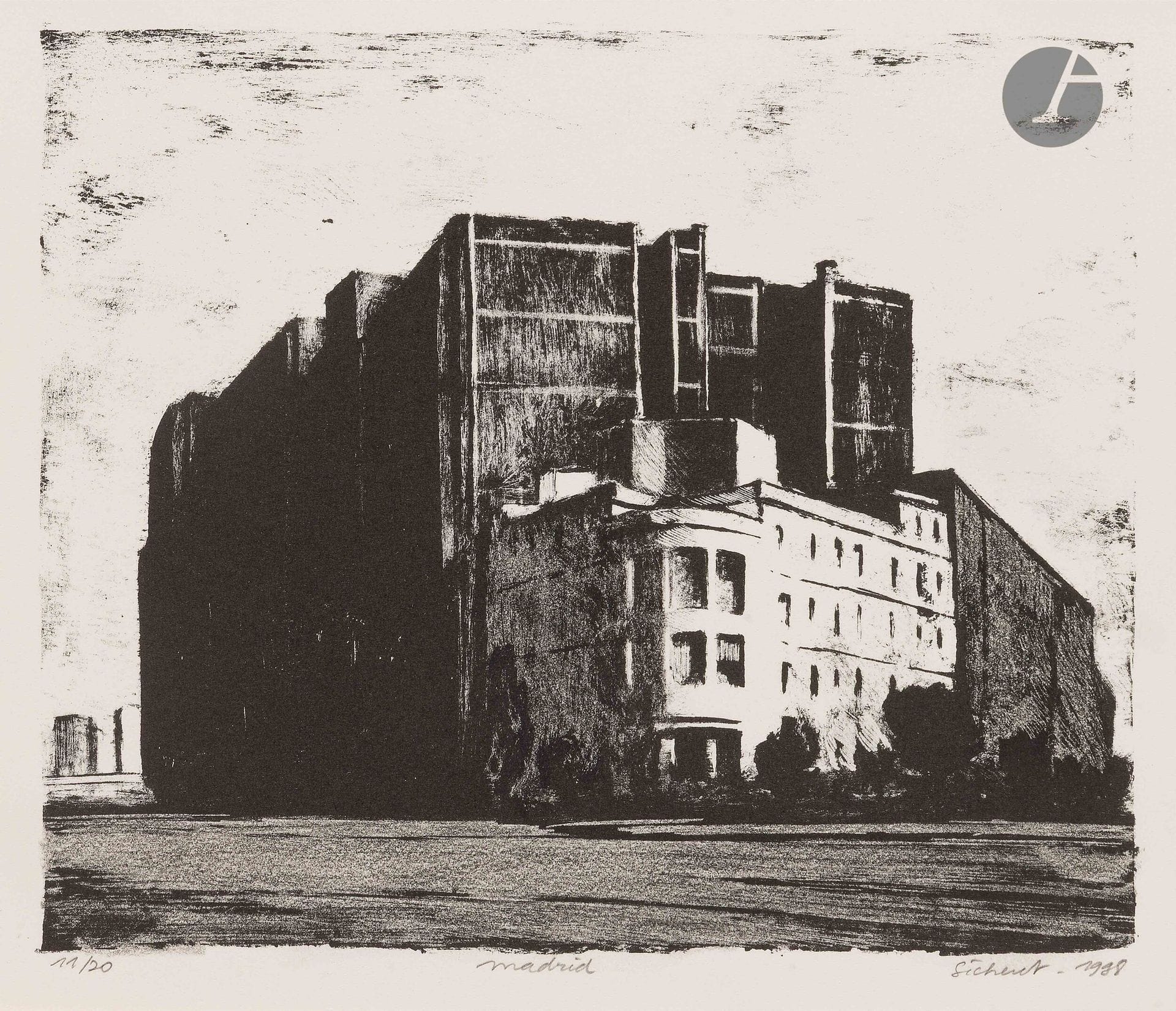 Jean-Baptiste Sécheret (né en 1957)
Madrid – calle Reina Victoria II. 1998. Lithographie. La feuille: 32,5 x 27 cm. Plumart L 147. Parfaite épreuve sur vélin mince blanc, numérotée, titrée et signée au crayon. Toutes marges. Tirage à 20 épreuves.