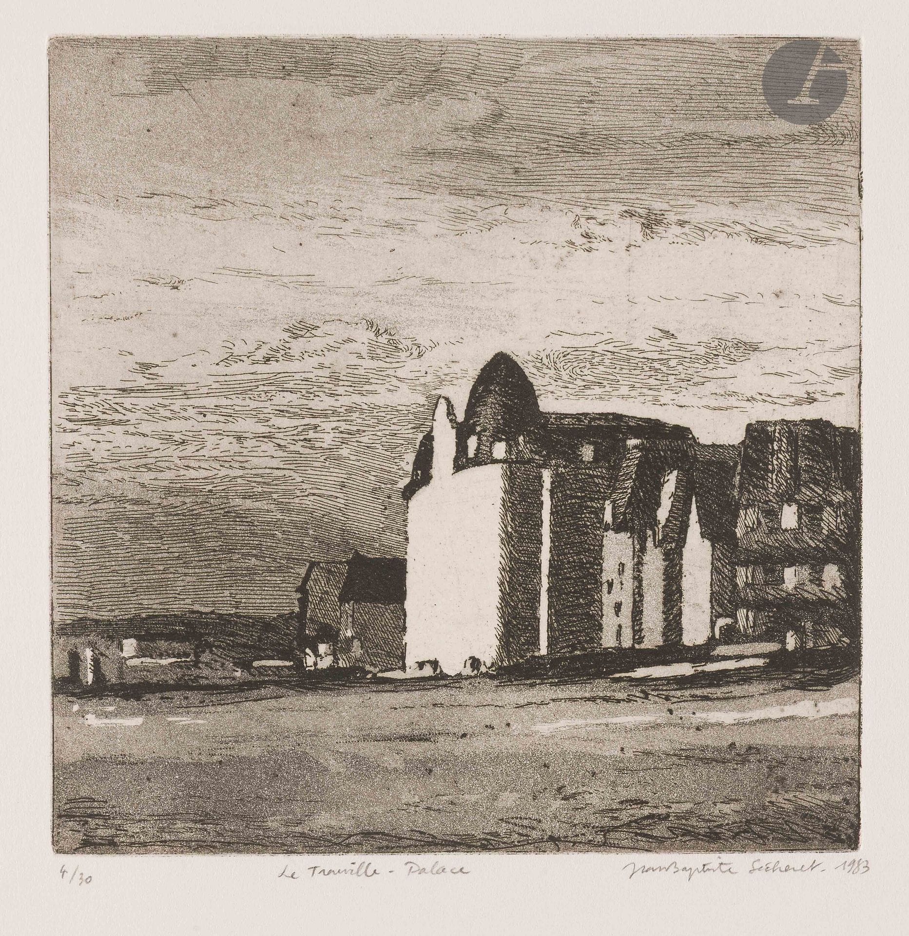 Jean-Baptiste Sécheret (né en 1957)
Le Trouville Palace. 1983. Eau-forte, aquatinte et roulette. La feuille: 47,5 x 33 cm. Plumart G 13. Parfaite épreuve sur vélin blanc, numérotée, titrée, signée et datée au crayon. Toutes marges. Tirage à 30 épreuves.