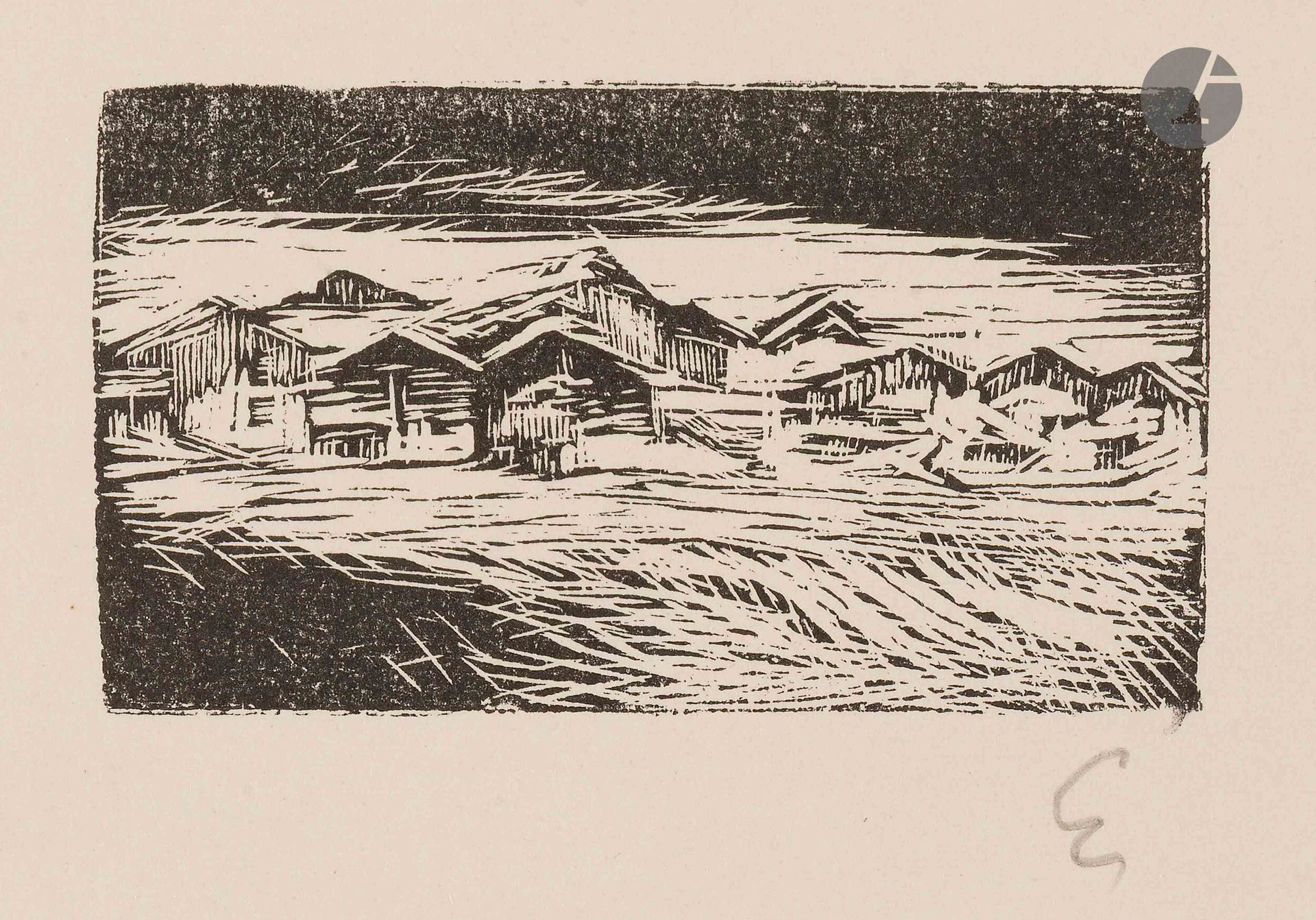 Enrico Vegetti (1863-1951)
Chalets sous la neige (région de Nernier). Vers 1940. Gravure sur bois. 5,5 x 9,5; la feuille: 30,5 x 22,5 cm. Très belle épreuve sur vélin blanc, signée du monogramme au crayon. Toutes marges.