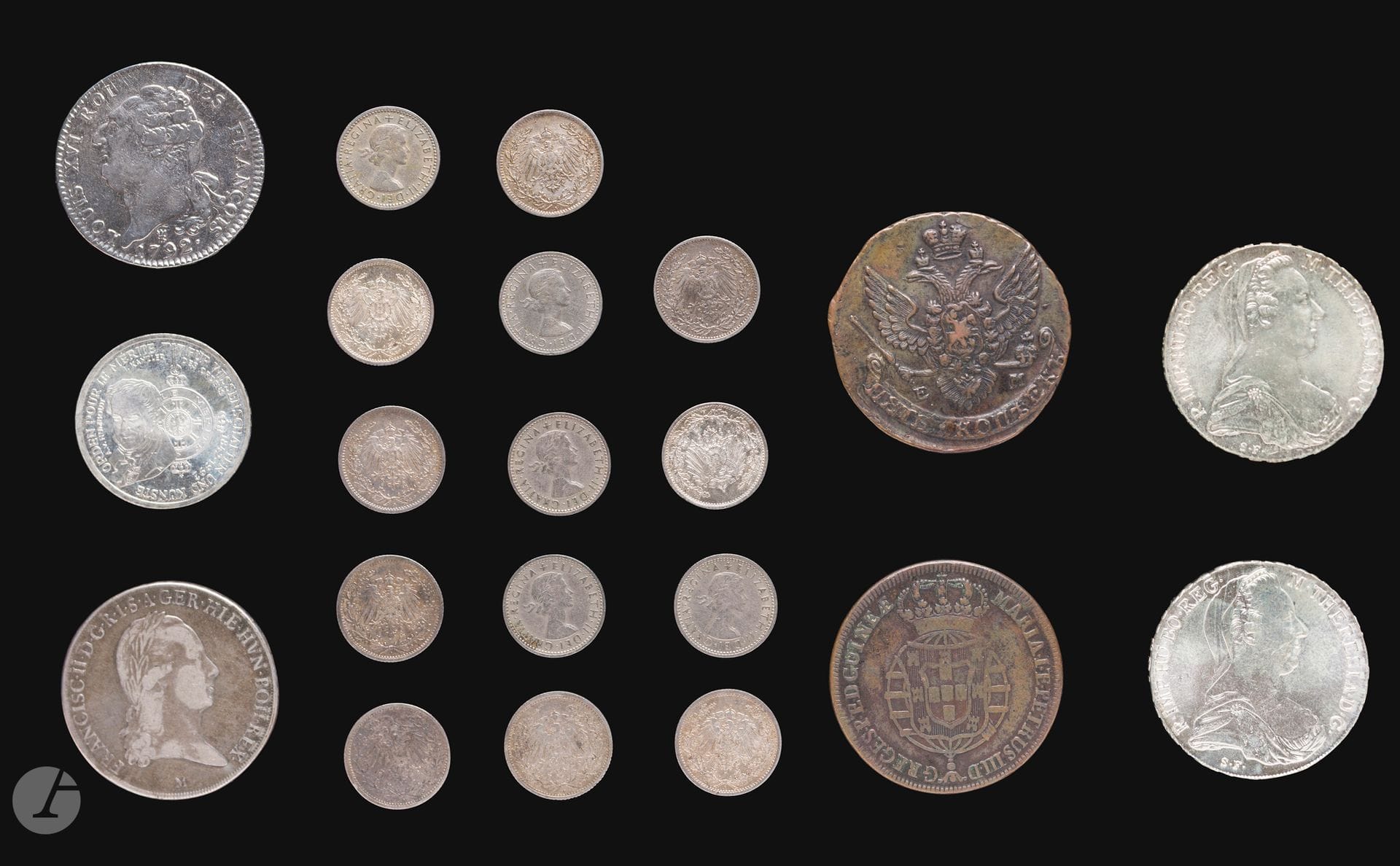 LOT of 21 mainly silver coins:
Germany, France, Great Britain including Constitutional shield 1792-I=Limoges.
Very good to very good