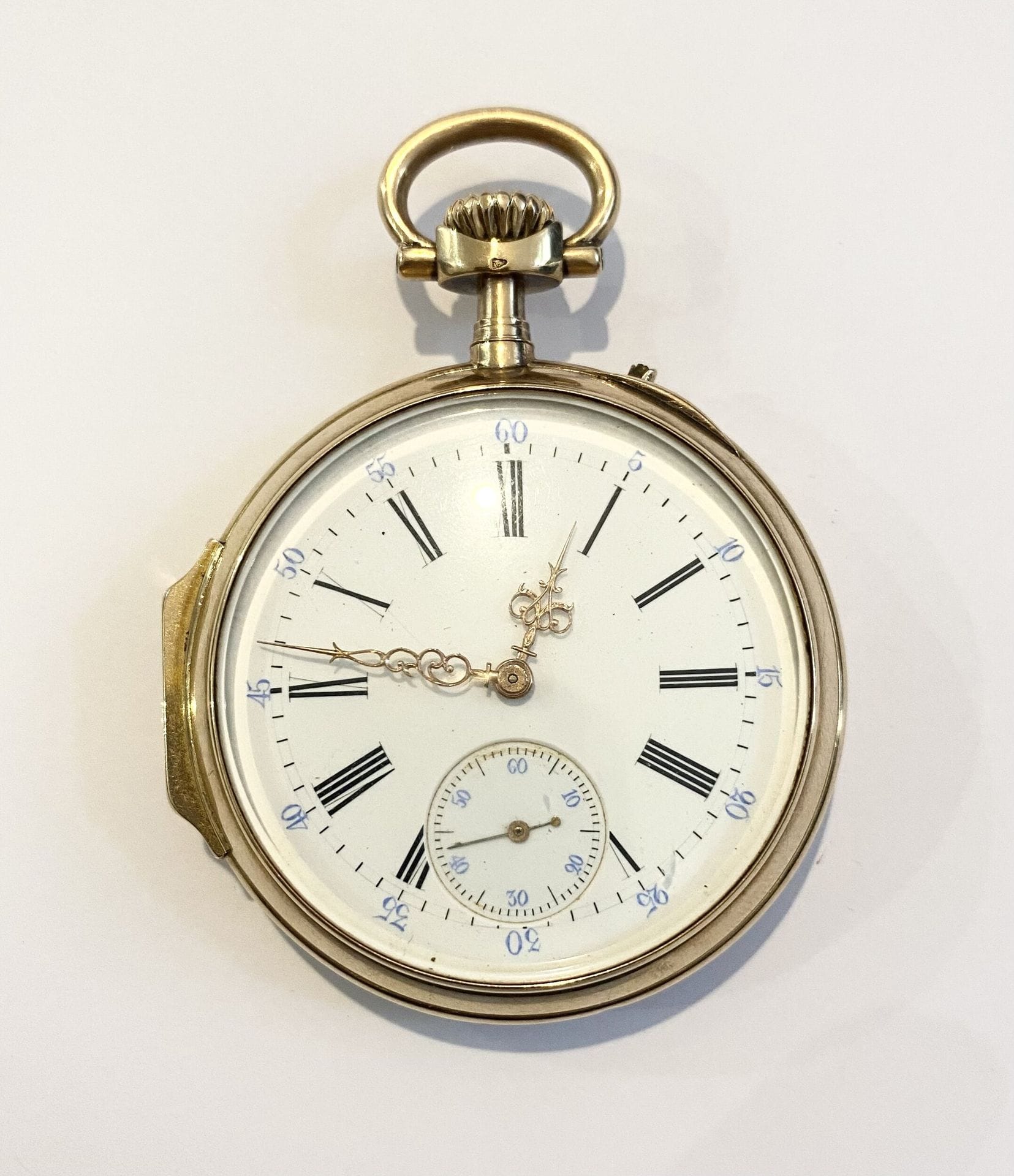 Montre de poche en or jaune 750/°°°, aiguilles Louis XVI. 
Poids brut : 82.2 g