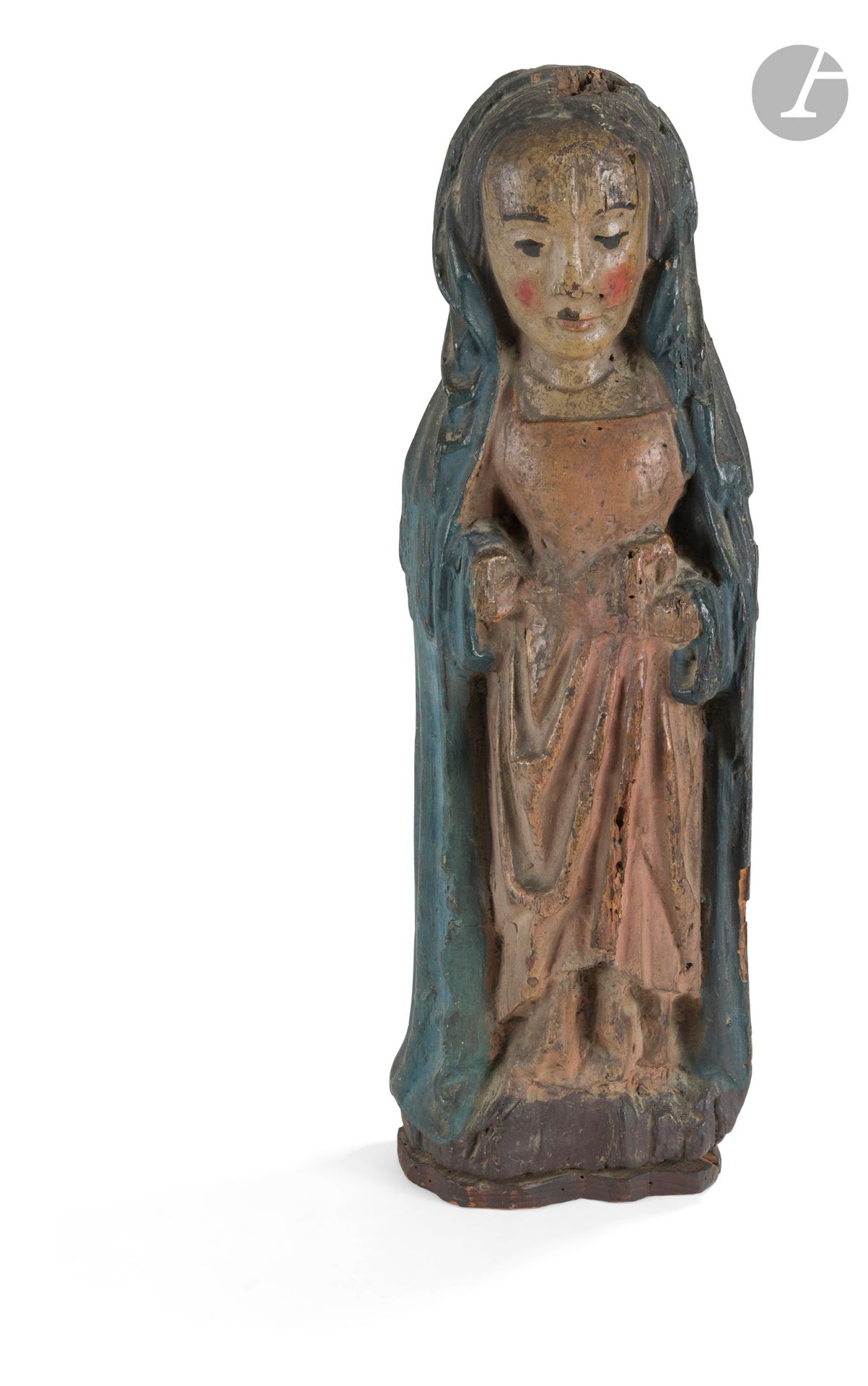 Vierge ou sainte femme en bois sculpté et polychromé.
XVIe siècle
H. : 48 cm
(Manques, reprise à la polychromie)